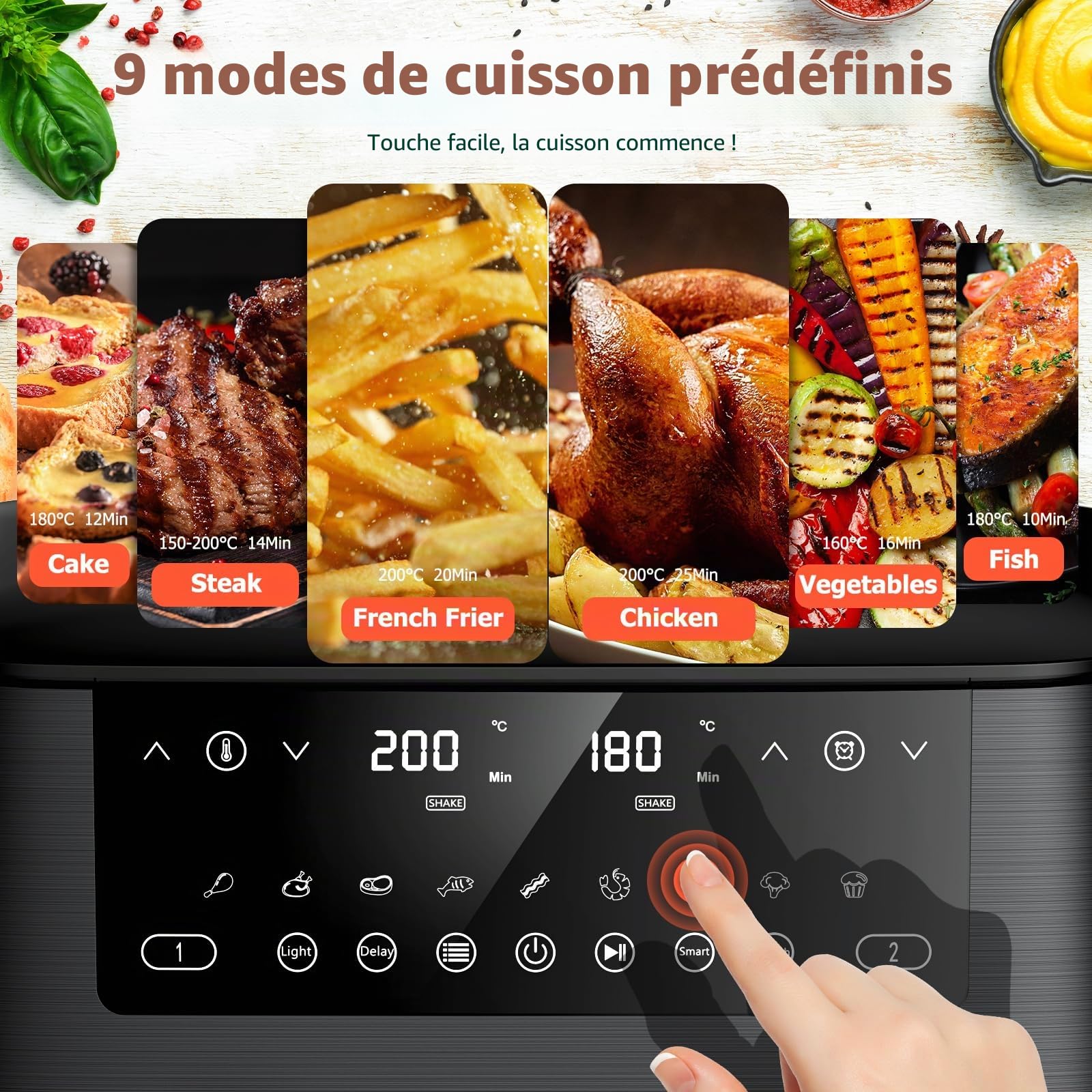 Friteuse à air double zone pour un usage domestique, friteuse à air numérique de 9 litres avec technologie d'air rapide pour une cuisson saine sans huile et à faible teneur en matières grasses