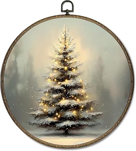 OINDADE Decoración de pared redonda de árbol de Navidad vintage de invierno, arte de pared rústico retro de Navidad, decoración para colgar, bosque