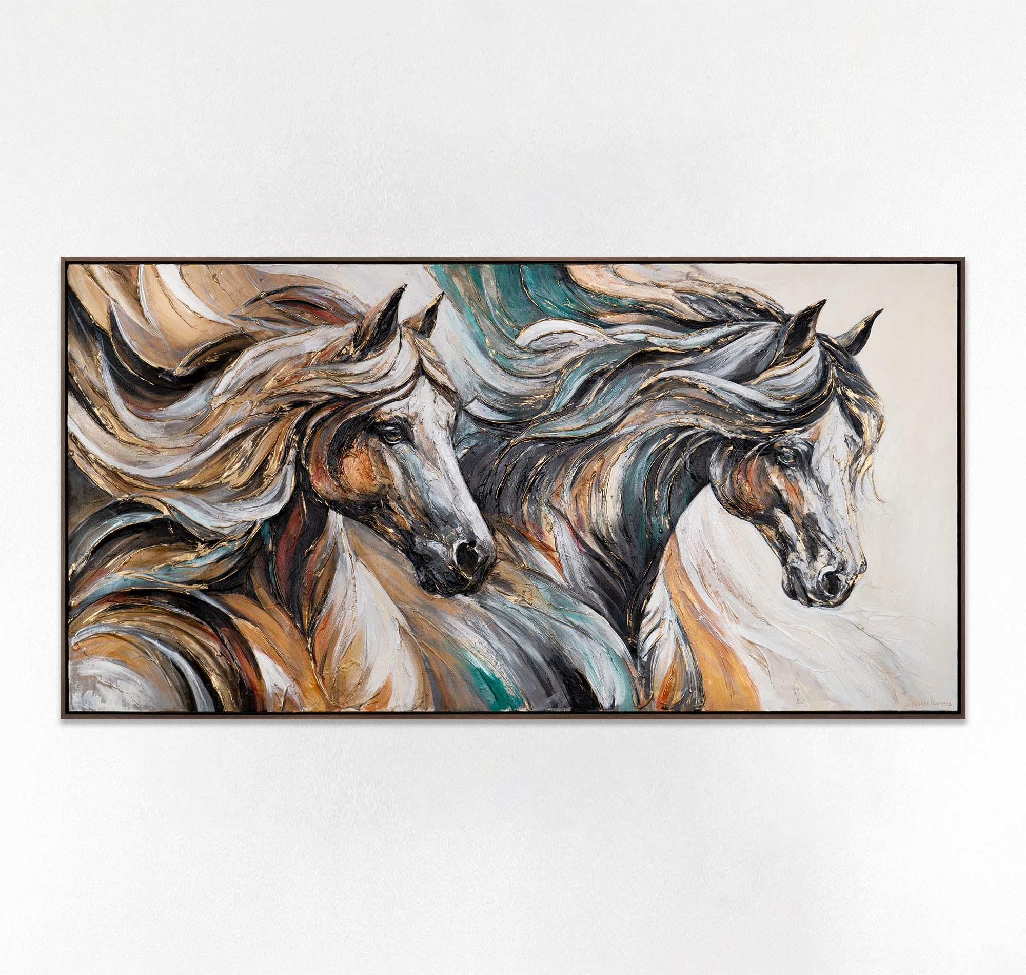 YS-Art Quadro Cavalli Astratti Dipinto a Mano su Tela con Texture Materica e Dettagli Oro per Soggiorno Ufficio 140x70 cm
