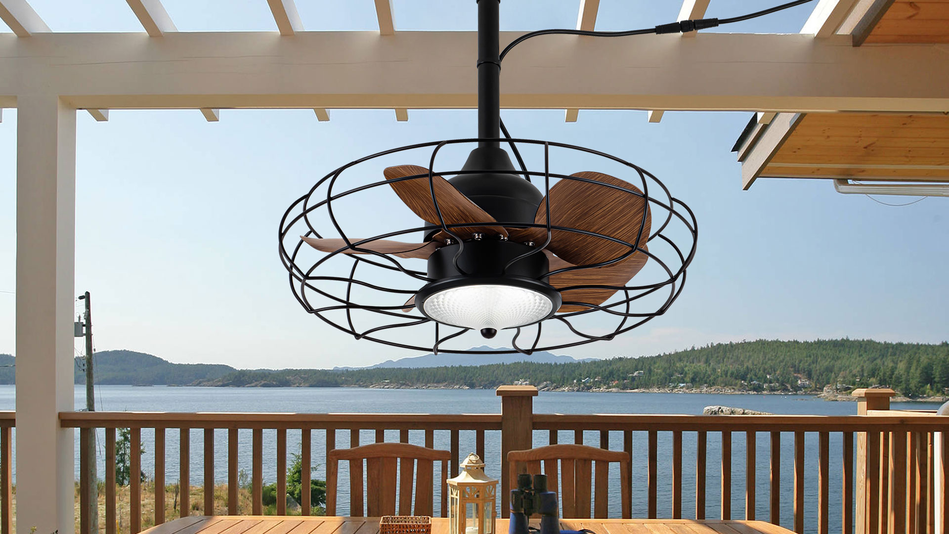 Lumcool 20\" Waterproof Gazebo Fan Outdoor Hanging, IP55 Wet Rated, Remote&Smart App Control, Hook Mount Corded Fandelier Ceiling Fan With 3CCT Dimmable LED Light, Plug In Caged Fan For Patios Pergola