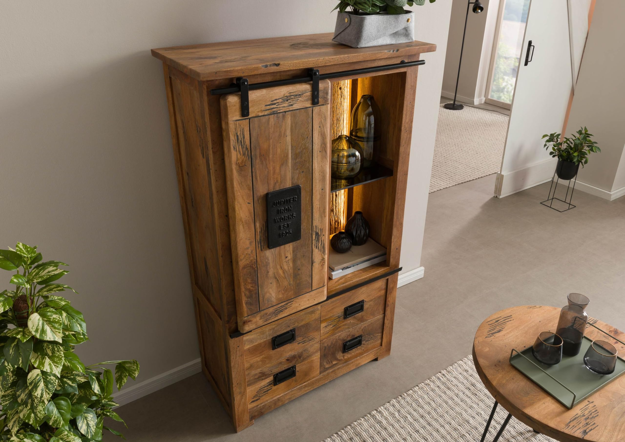MASSIVMOEBEL24.DE | Schrank Mango/Altholz 90x45x150 Natur lackiert Railway LUX #115, Farbe:Natur lackiert, Größe:90x45x150 cm (BxTxH)