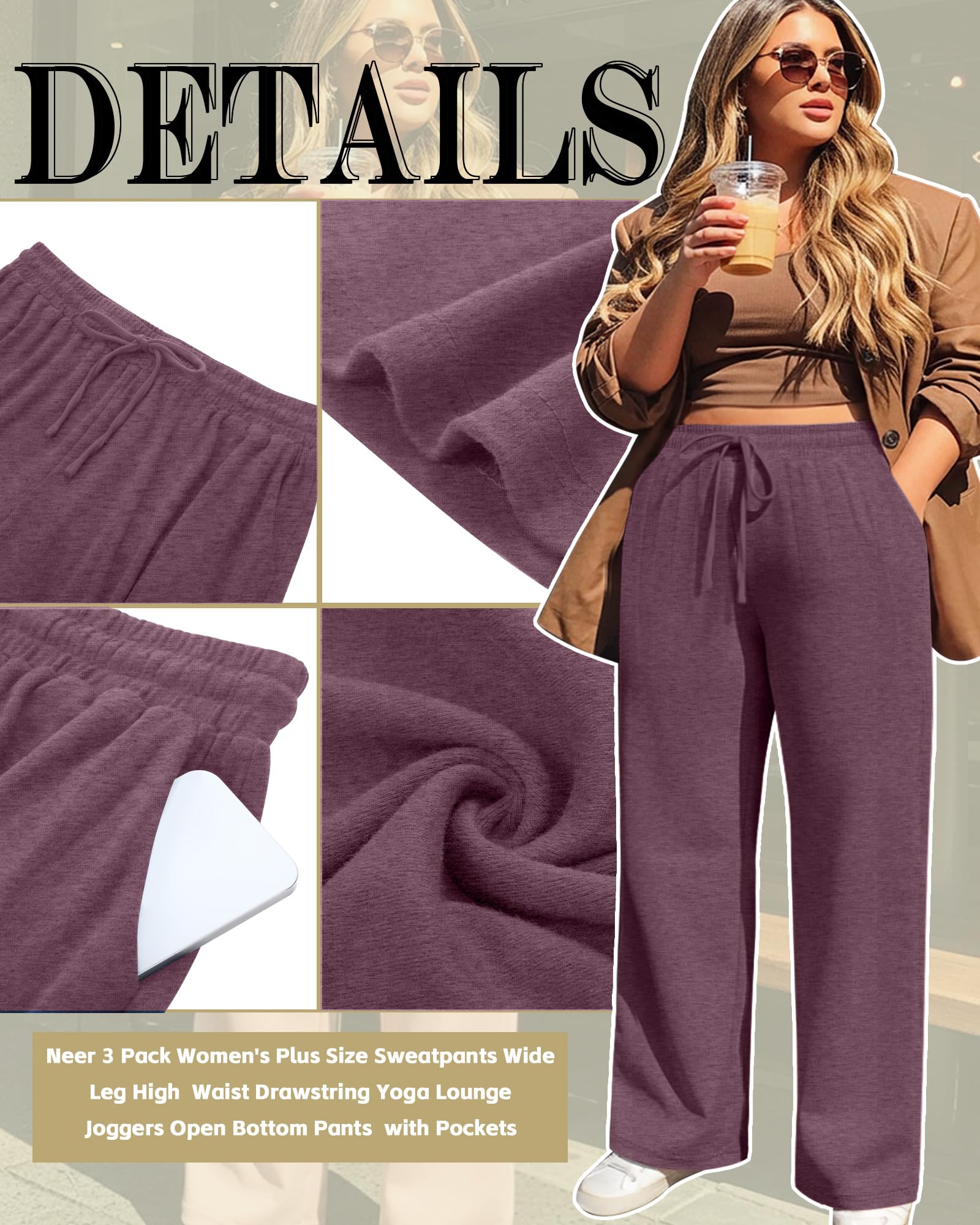 Neer Confezione da 3 pantaloni sportivi da donna, taglie forti, a gamba larga, a vita alta, con coulisse, per yoga, lounge, pantaloni aperti con tasche