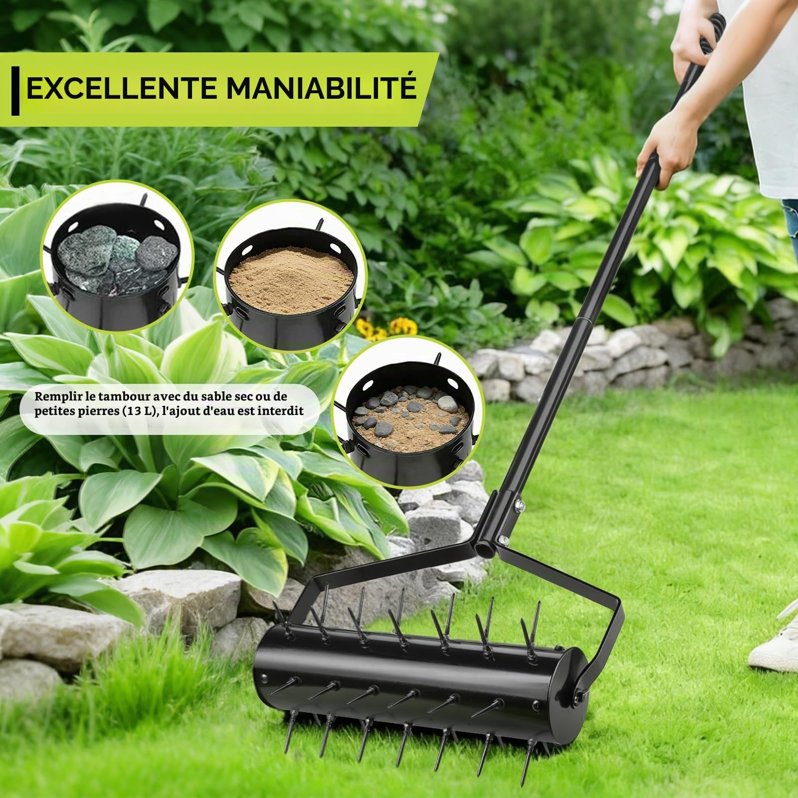 Aérateur de Pelouse Manuel à Rouleau 44 x 141 cm – Scarificateur à Main avec 39 Pointes (5,8 cm) et Manche – Rouleau Aérateur – Démousseur pour Jardin, Cour, Terrasse