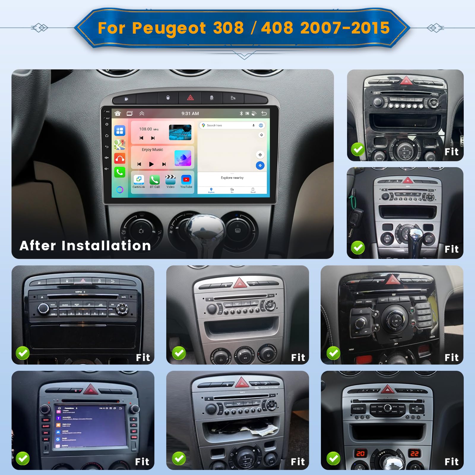 Inefala 2G+64G 9'' Android 15 Autoradio pour Peugeot 308/408 2007-2016 | Radio avec CarPlay sans Fil et Android Auto, 9 Pouces Écran Tactile avec Lien Miroir Bluetooth RDS DSP WiFi GPS 28 UI AHD