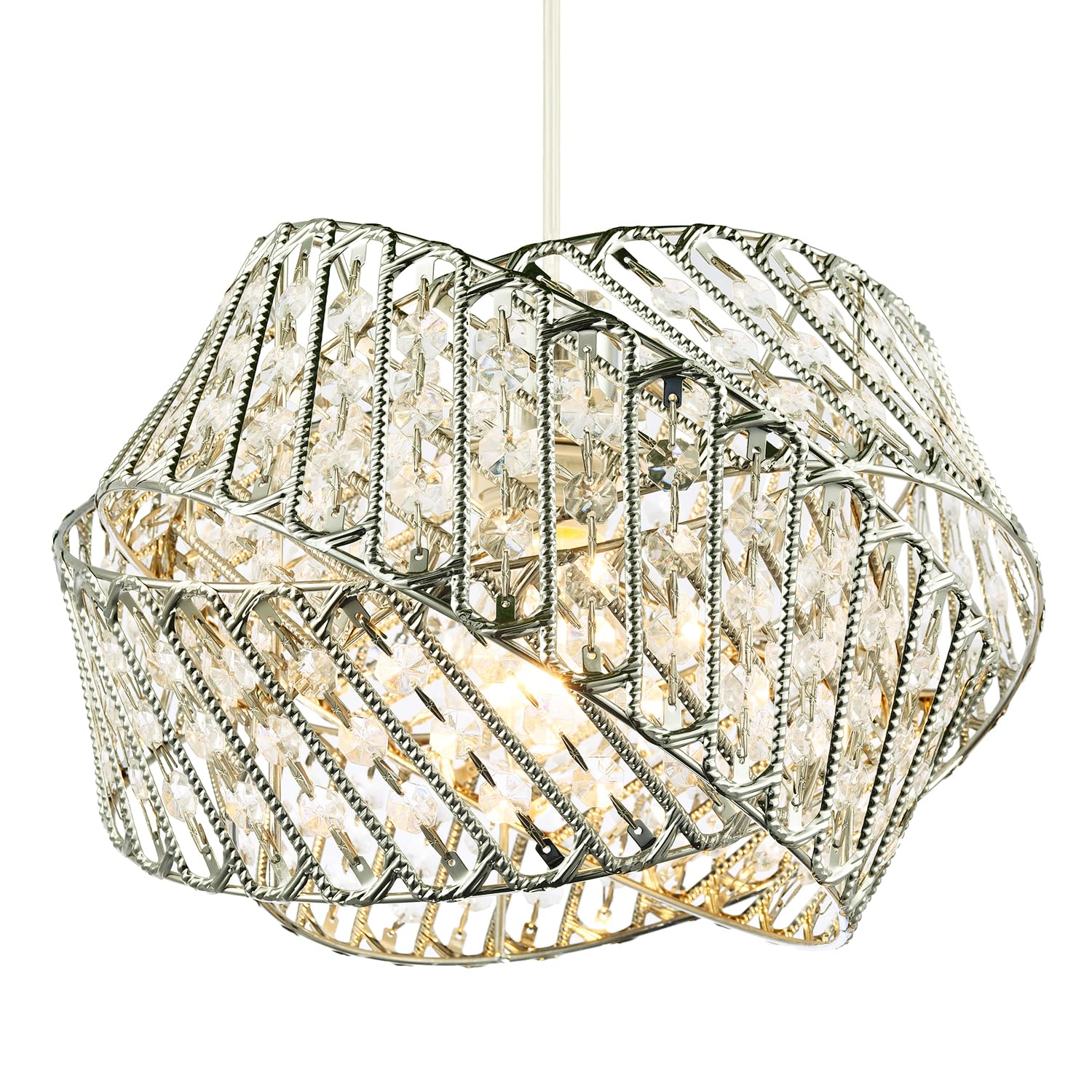 Happy Homewares Light Designer Triple Ring Chrome Pendant Shade With Small Clear Acrylic Beads