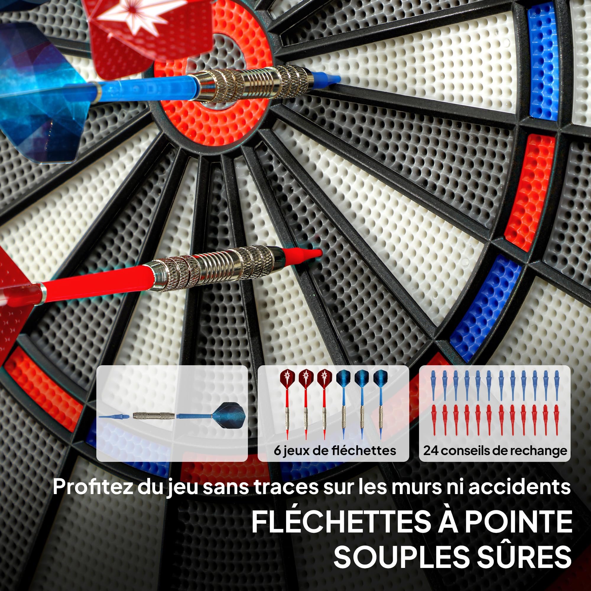 SPORTNOW Cible de Fléchettes Électronique avec écran LED XXL Lumineux Rechargeable, Jeu de Fléchettes Électronique pour 8 Joueurs, 6 projectiles, 24 Pointes, 34 Jeux, 2235 Variantes