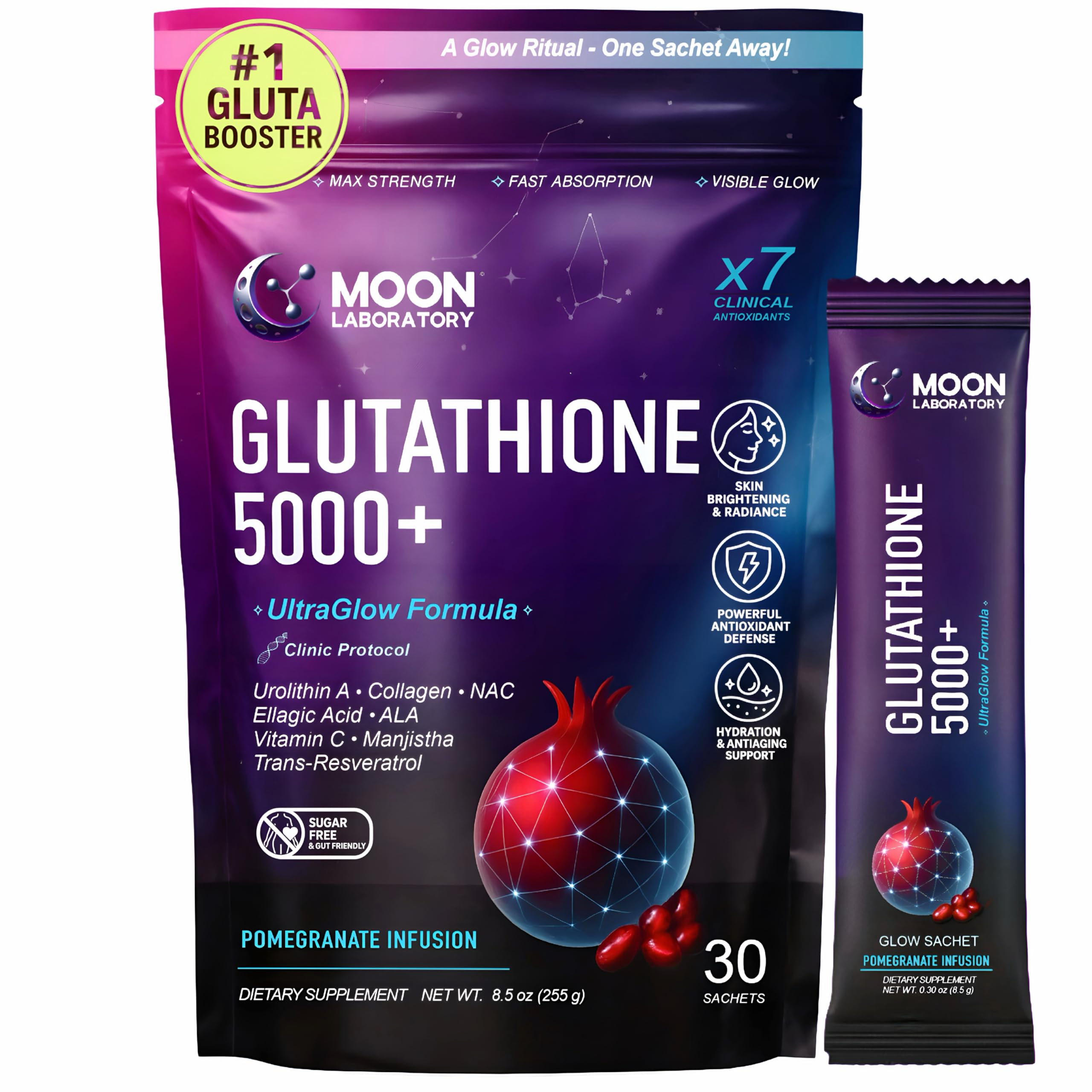 Reduced L-Glutathione 5000mg Powder Drink – Advanced 7 Antioxidant Complex with Urolithin A, NAC & Collagen – Skin Brightening, Anti-Aging & Detox Support – 30 Sachets. Pomegranate Flavor : Health & Household