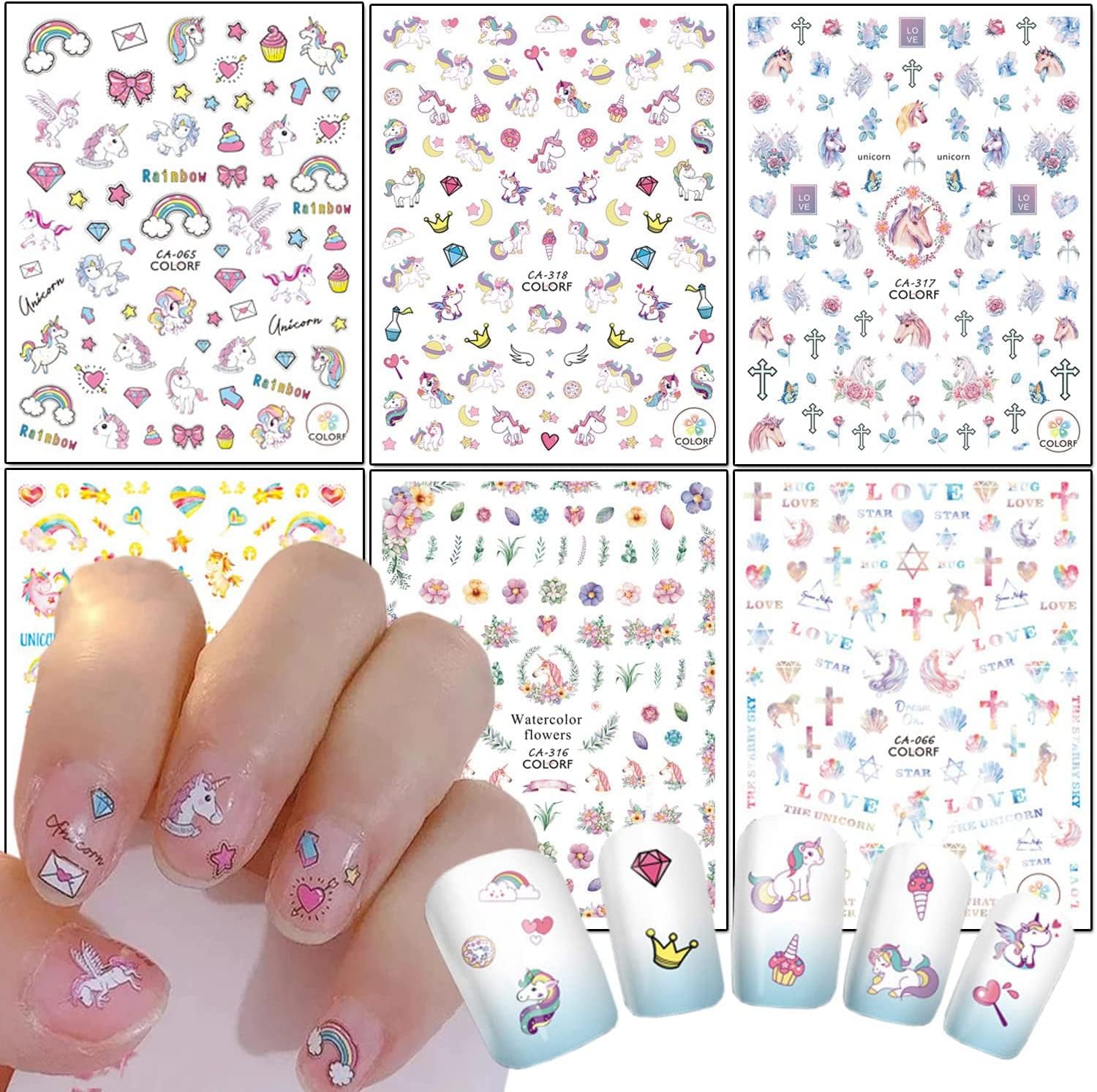 Cute Unicorn Nail Art Stickers, 3D Cartoon Animal Nail Art Decals Holographic Unicorn Rainbow Heart Flowers Nail Adhesive Sticker Design for Women Girls Manicure Decoration DIY Nail Decal Supplies