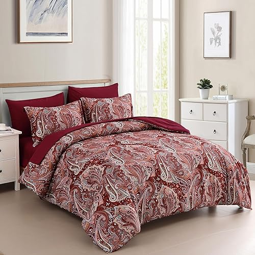 Miniatura 2 de DJY Juego de edredón de cachemira rojo, tamaño Queen, juego de edredón de 7 piezas con estampado de cachemira bohemio, juego de ropa de cama