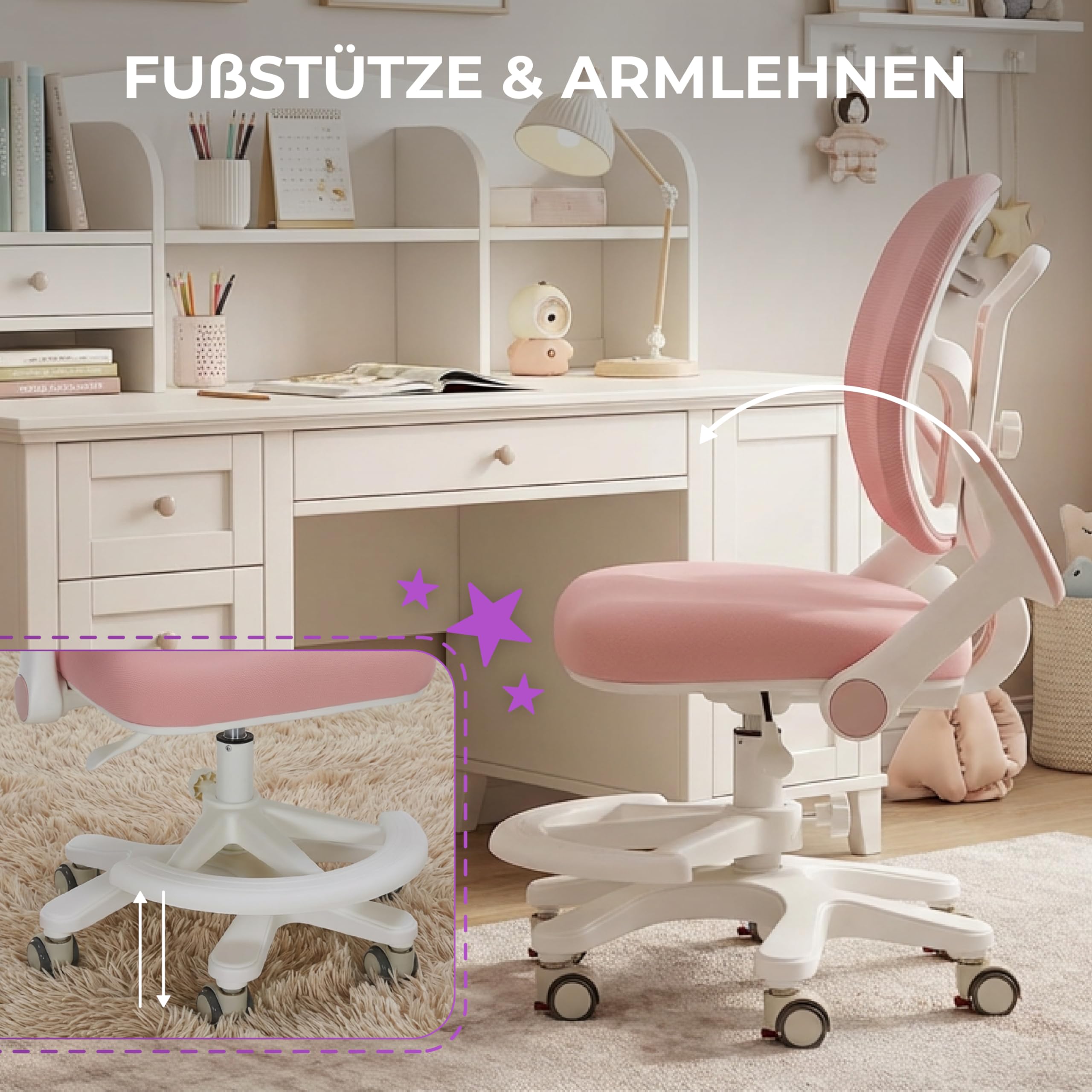 Spacetronik Schreibtischstuhl Kinder - Ergonomischer Kinderschreibtischstuhl mit 6 Rollen, Verstellbaren Armlehnen, Fußstütze, Höhenverstellbarem Sitz - 4-15 Jahre