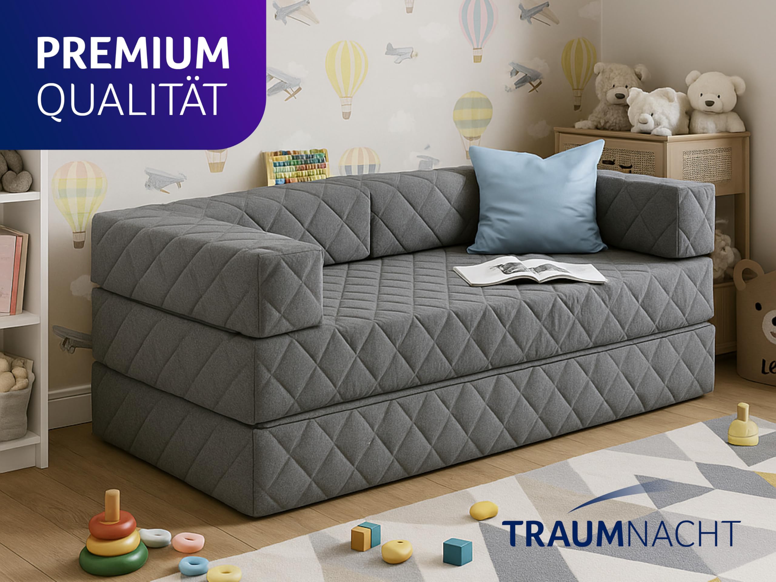 Traumnacht Schlafsofa und Gästesofa mit Schlaffunktion 175x80x65 cm – Grau mit 2 Spitzkissen, abnehmbarer Bezug, für Kinder und Erwachsene