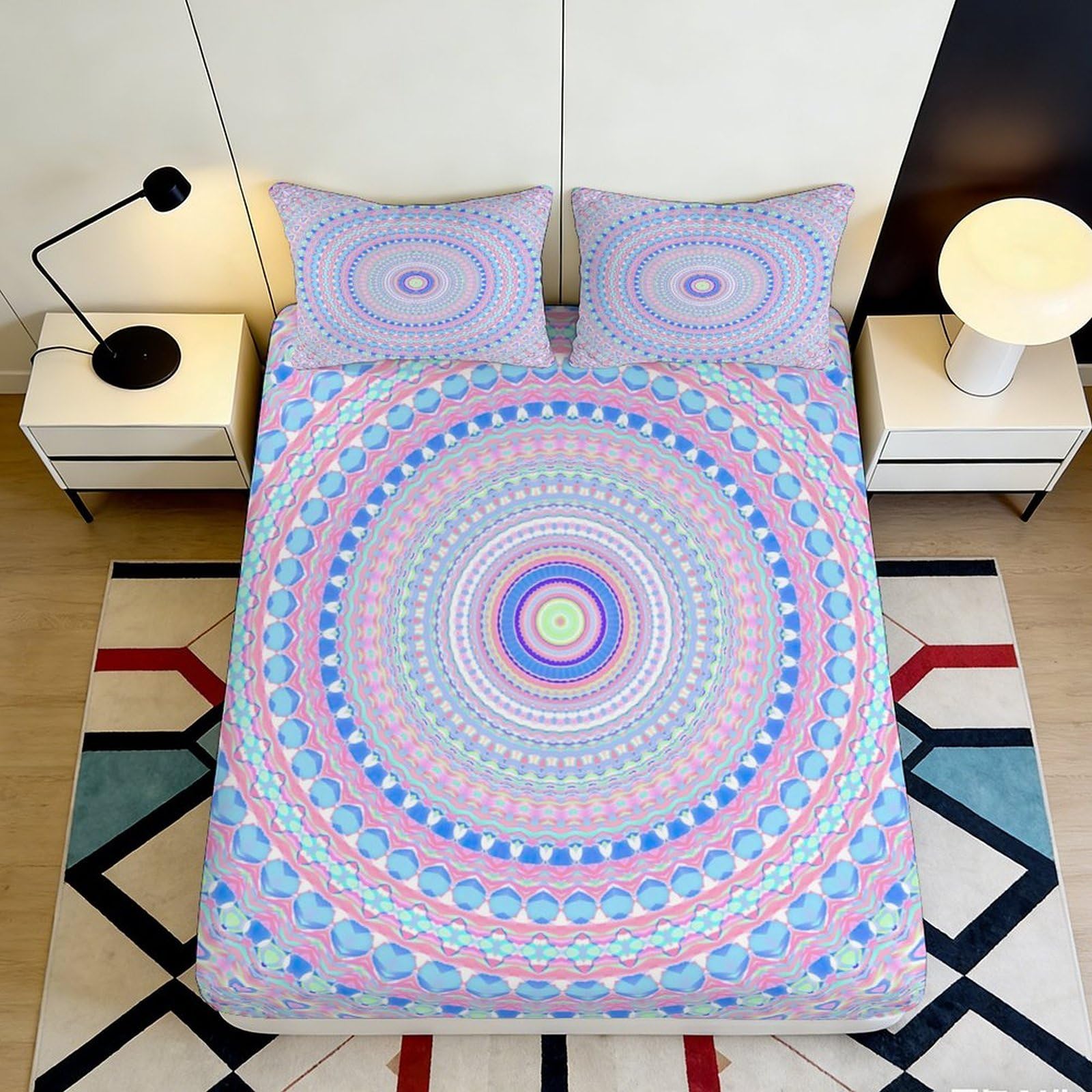 Jqzkxnhpbr Style-10 3D Printed Mandala Pastel Fitted Sheet Microfiber Bedroom Decor Abstract Circle Bed Cover For Adults Teenagers Home Guest Room 90X200x25cm