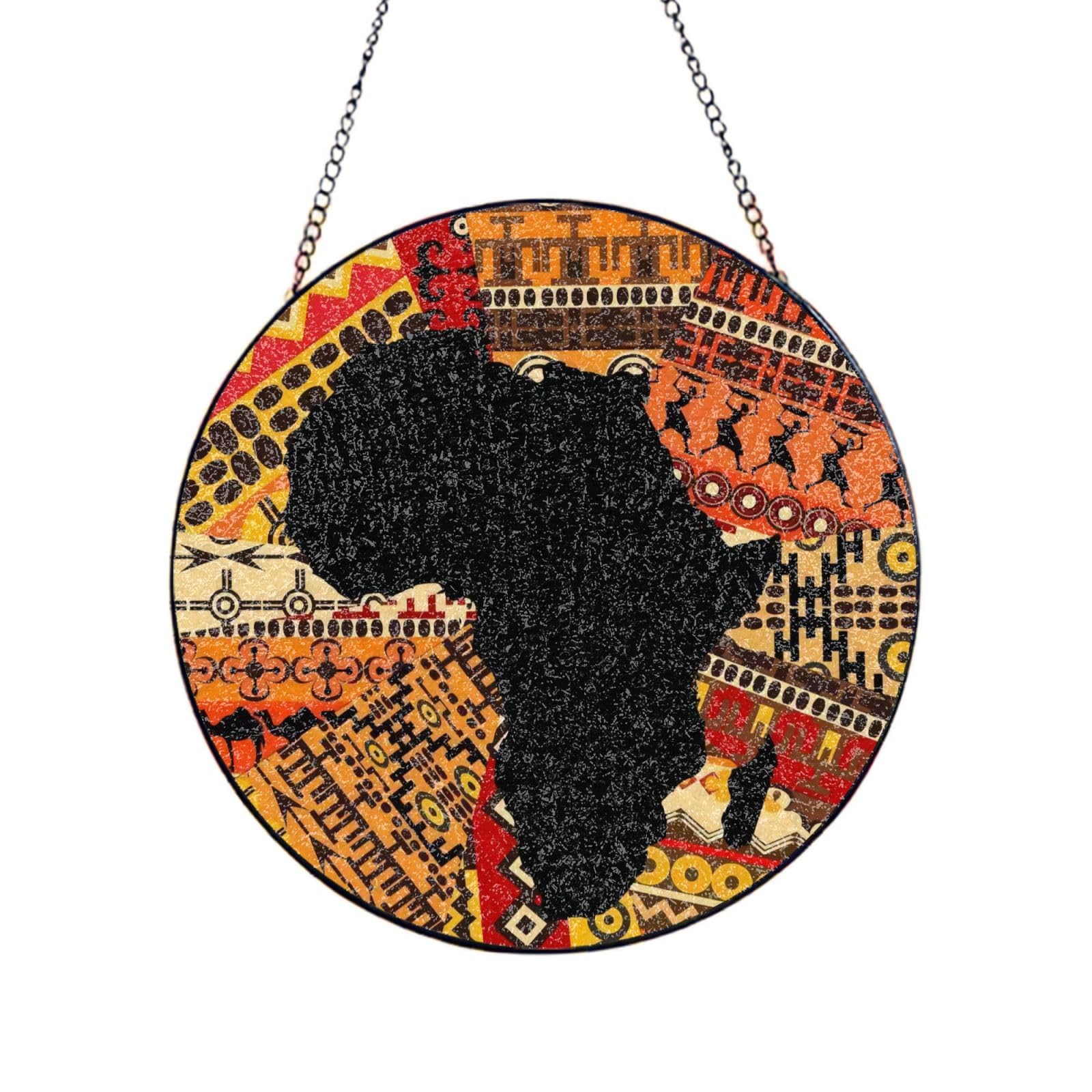 Phayah African Map Ethnic Pattern Print Glass Window Hanging Sun Catchers Suncatcher Decor For Birthday For Home Garden Porch 10in（25cm）