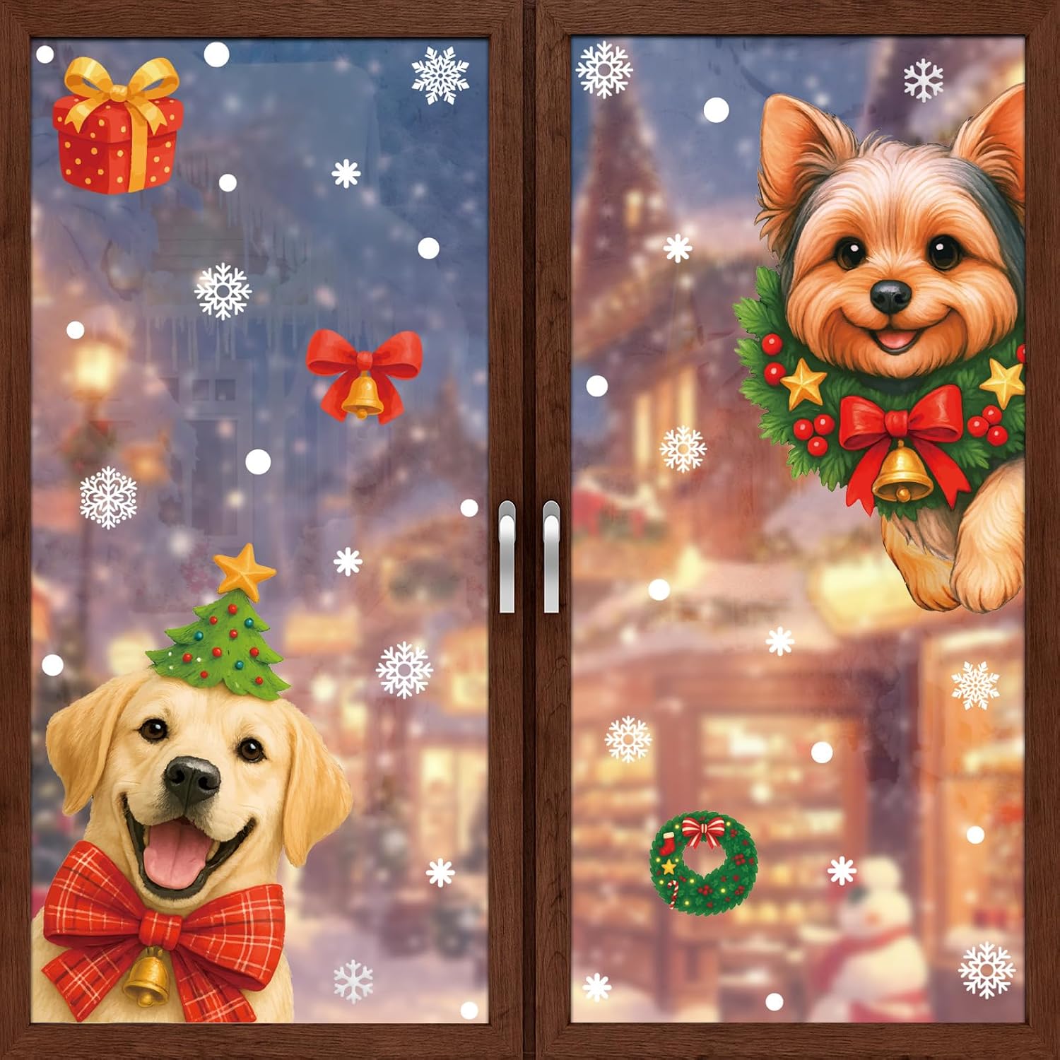 Christmas Window Clings Stickers for Glass Window Decorations Christmas Dogs Snowflakes Xmas Tree Design Decals for Home Winter Holiday Art Decor 9 Sheets Double-Sided Static Decals