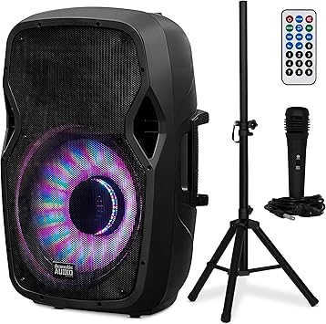 Acoustic Audio by Goldwood 1000W Bluetooth Speaker w/ Flashing LED, Large Plug-In PA System w/ Stand, Mic, & Remote for Karaoke, DJ, or Tailgate Party