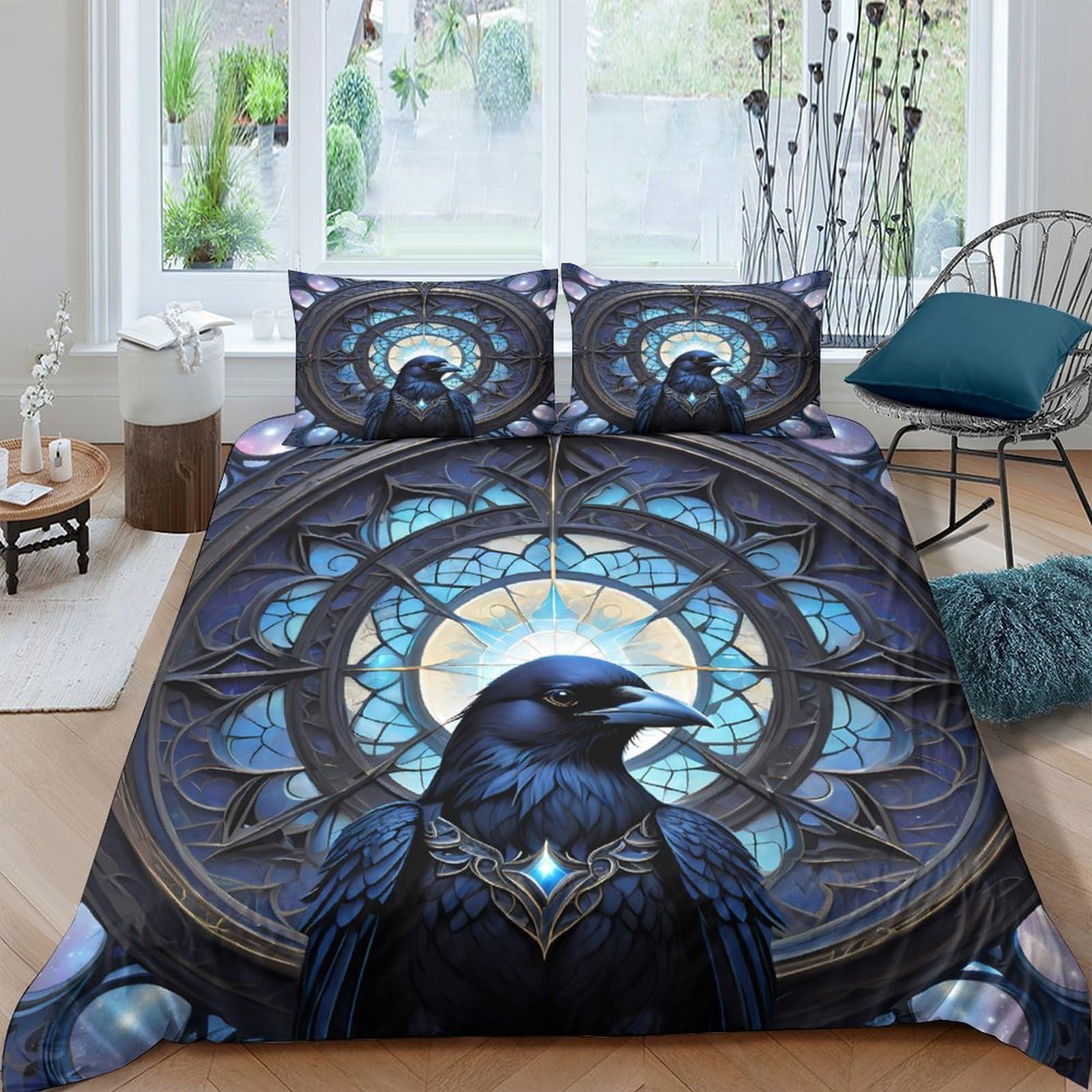 GPLZQXKJNH 3D Printed Blue Raven Mandala Duvet Cover Set Microfiber Breathable Soft Quilt Cover with 2 Pillowcases for Bedroom Home Decor Single（135x200cm）