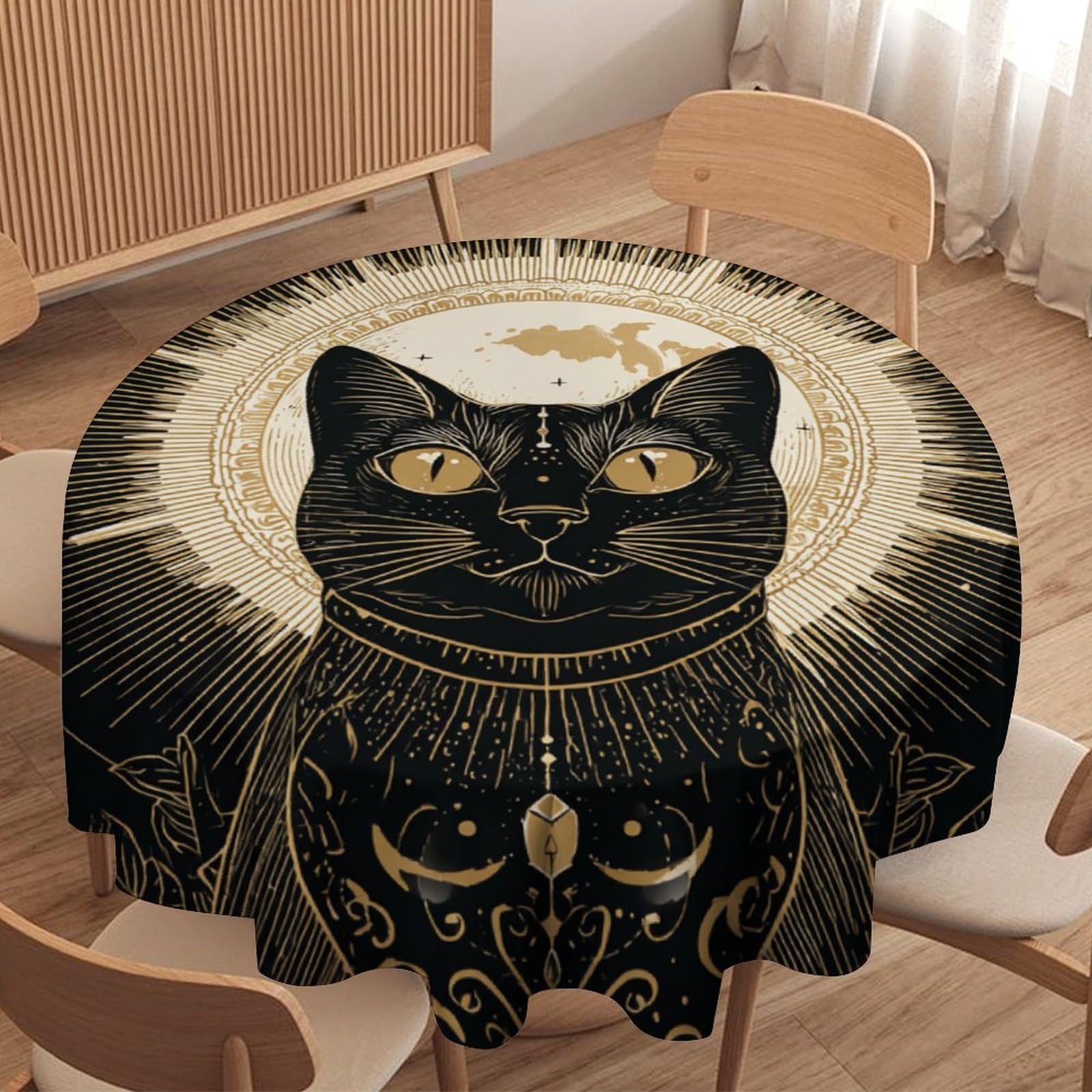 LUYYSKY Modern Aesthetic Animal Kitten Round Tablecloth Cute Watercolor Black Cat Constellation Moon Print Washable Decor for Table Cover for Kitchen-177.8" Wx177.8 L cm