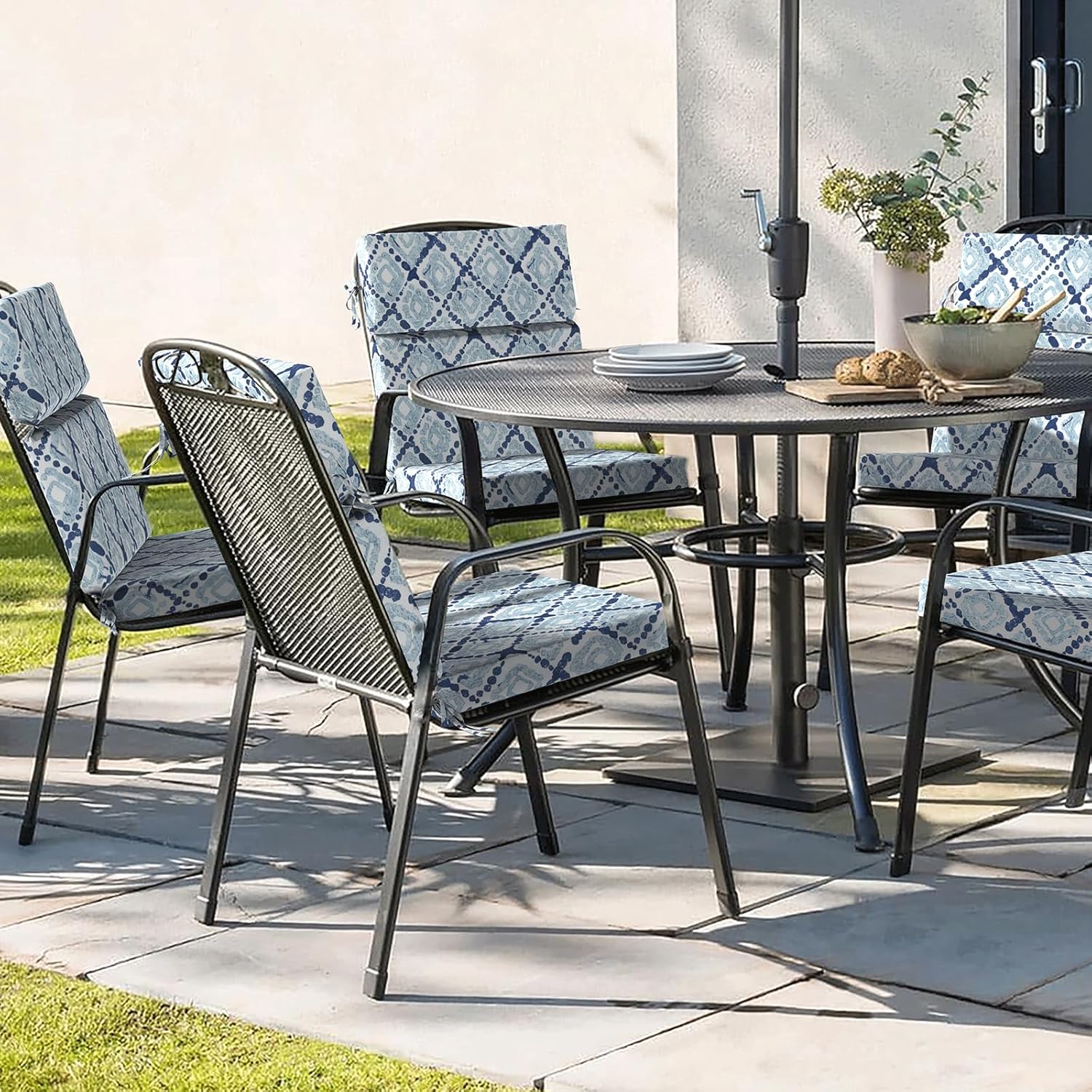 DYTXIII Outdoor High Back Chair Cushions Set of 2, 44"x22" Water Repellent Patio Seat Cushions with Elastic Sponge, All Weather Chair Pads for Rocking, Dining Chairs,Patio Furniture - Geometry Blue