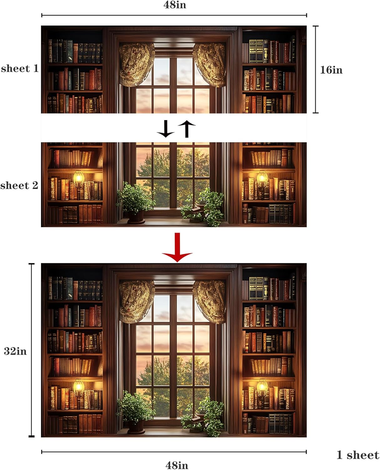 WOOHOOROO Curtain Bookshelf Window Wall Sticker – 3D Sunset View Fake Window Peel and Stick Removable Wall Mural for Home Decor,32" x 48"