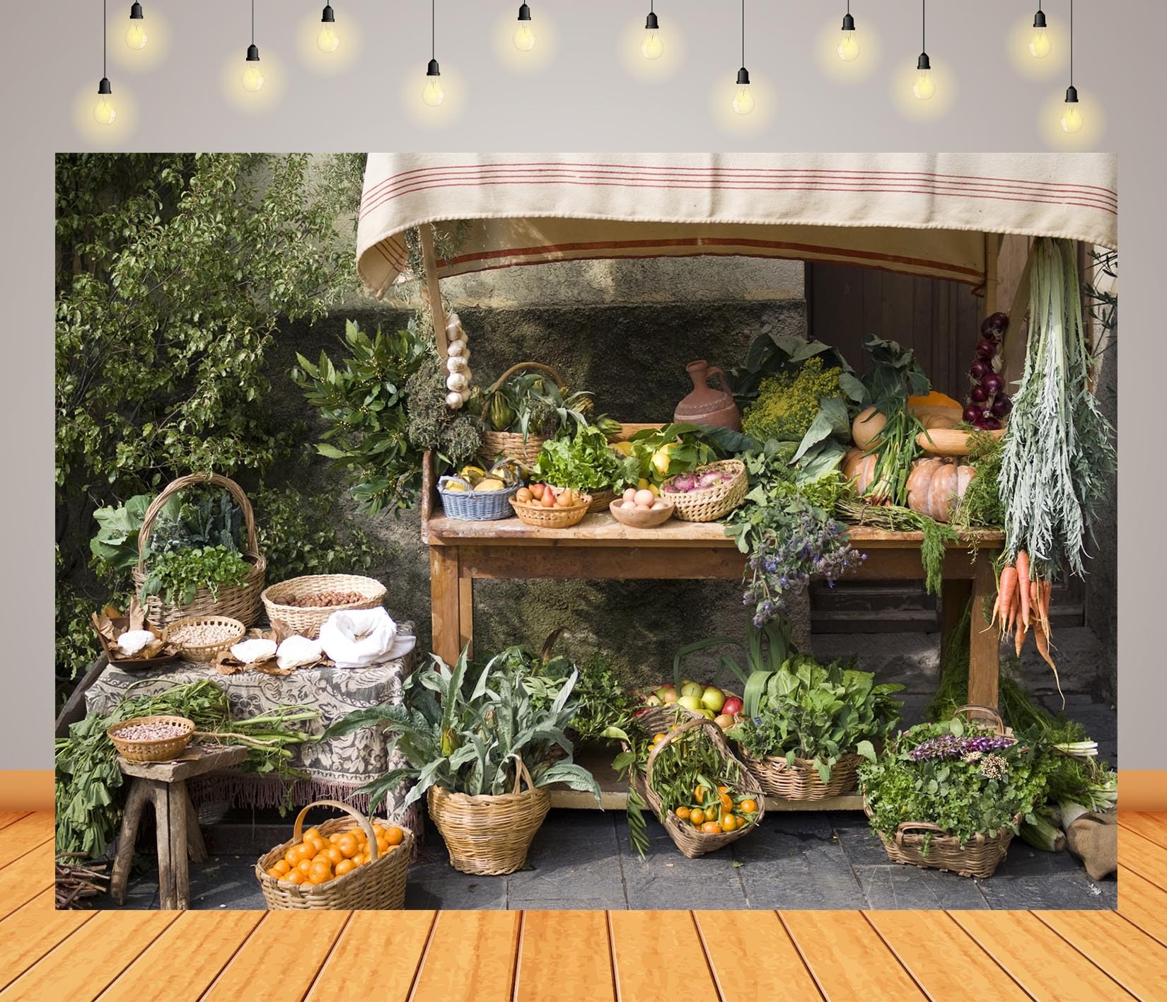 BELECO 7x5ft Fabric Medieval Farmers Market Backdrop Fruit Vegetable Stall Exhibition Harvest Season Background Market Party Decorations Birthday
