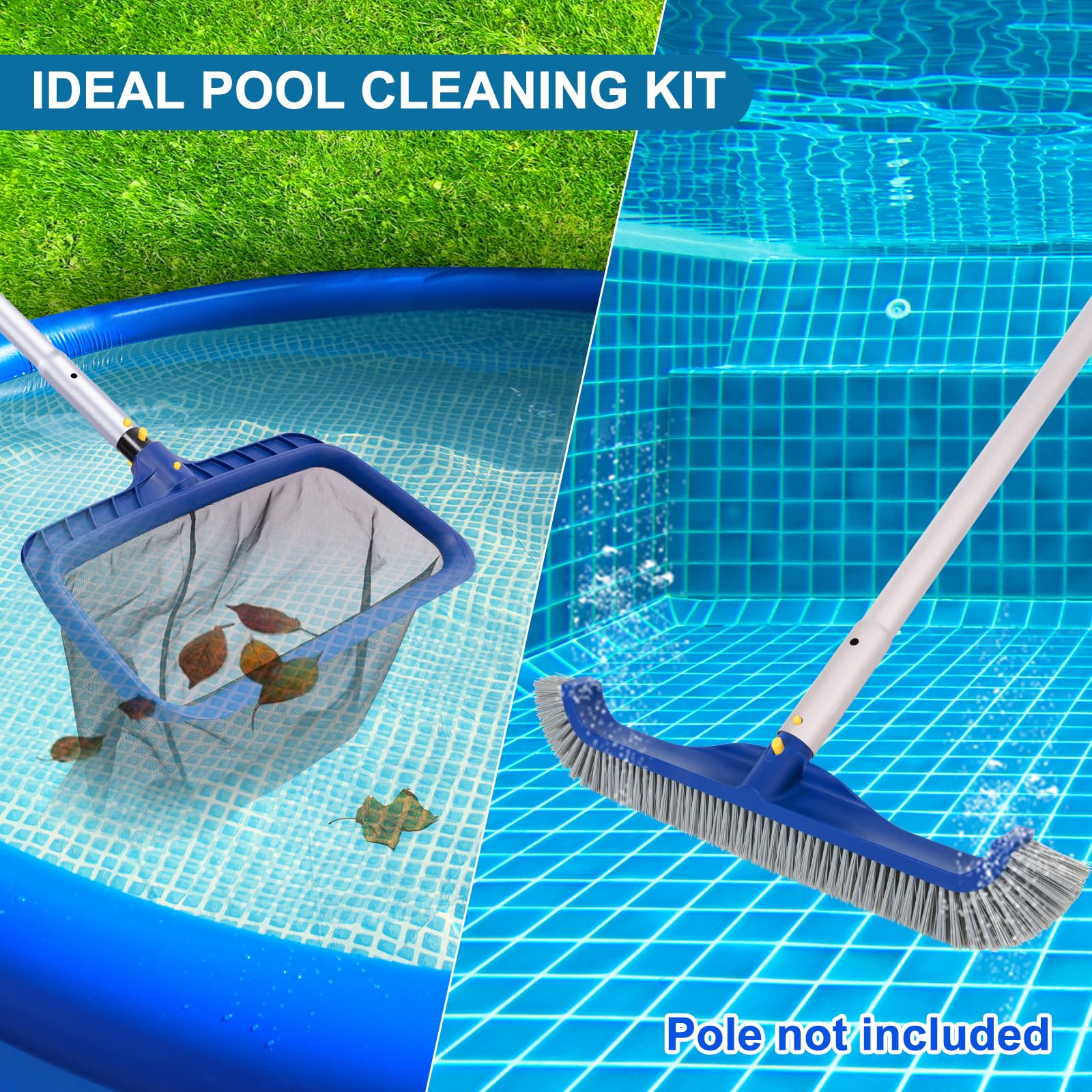 POOLAZA Kit de nettoyage de piscine, filet de skimmer de piscine à mailles fines & brosse de piscine de 45 cm, skimmer de piscine à cadre stable & tête de brosse de piscine professionnelle pour