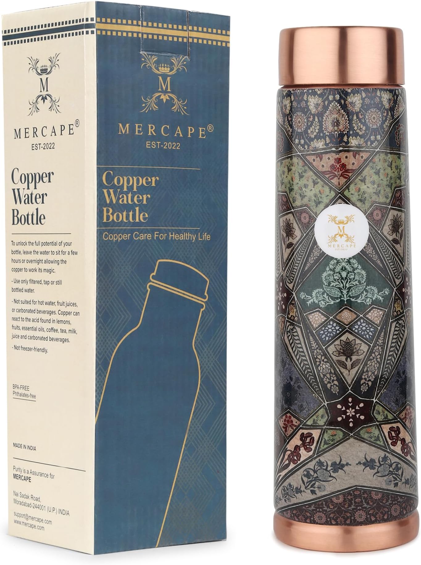 MERCAPE® - Copper Bottles, 100% Pure Copper Anti Rust Anti Oxidant Leak Proof Floral Meena Printed BPA Free Water Flask Kitchen Accessory, Fancy Bottle For Kids Office Gym Travel (950 ML)