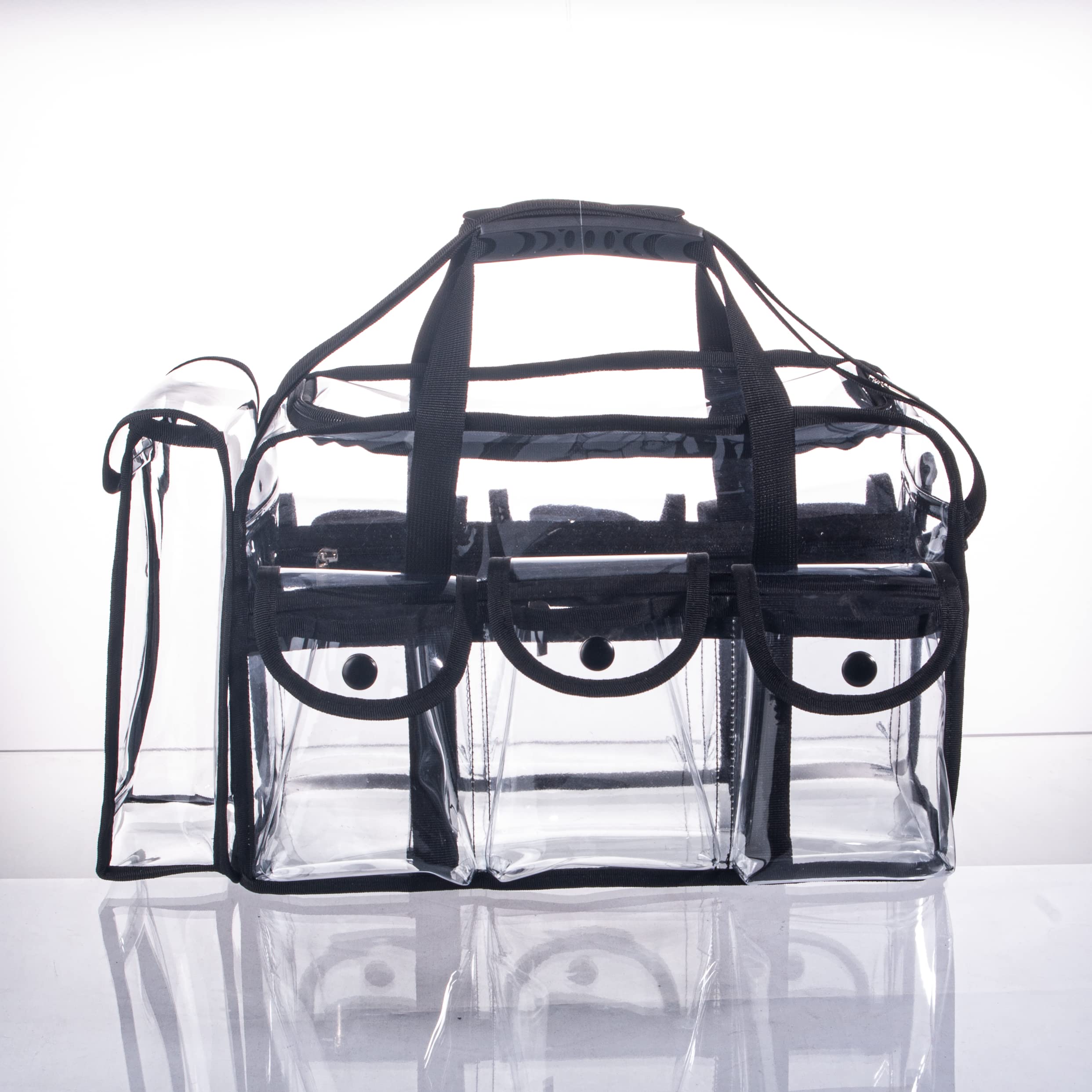 Professional Large Clear PVC Travel Bag with 6 Exterior Pockets and Strap, Black, Professional Makeup Bag - Image 2