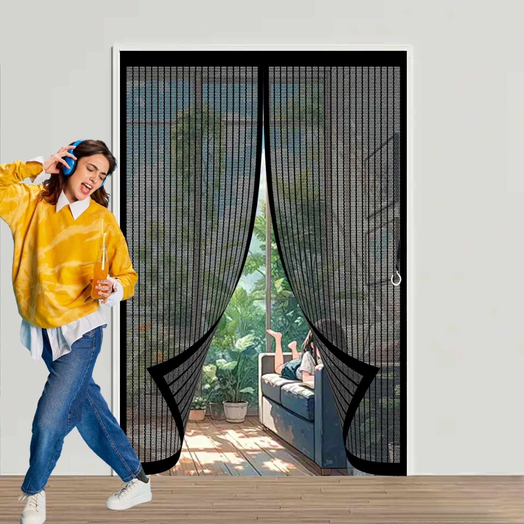 Door Fly Screen Curtain 166 x 204 cm with Powerful Magnets & Full Frame Magic Tape No Gap, Lets Fresh Air in, Keep Bugs Out Magnetic Fly Screen Doors for Patio Doors Bedroom, Black
