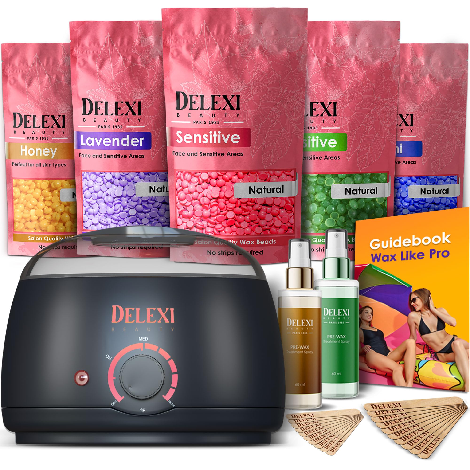 Premium Waxing Kit for Women + 5 Pack Premium Quality Hard Wax Beads + Hot Wax Melt Warmer for Hair Removal For Brows, Bikini, Legs & Sensitive skin (0.98 Ounce (Pack of 51))