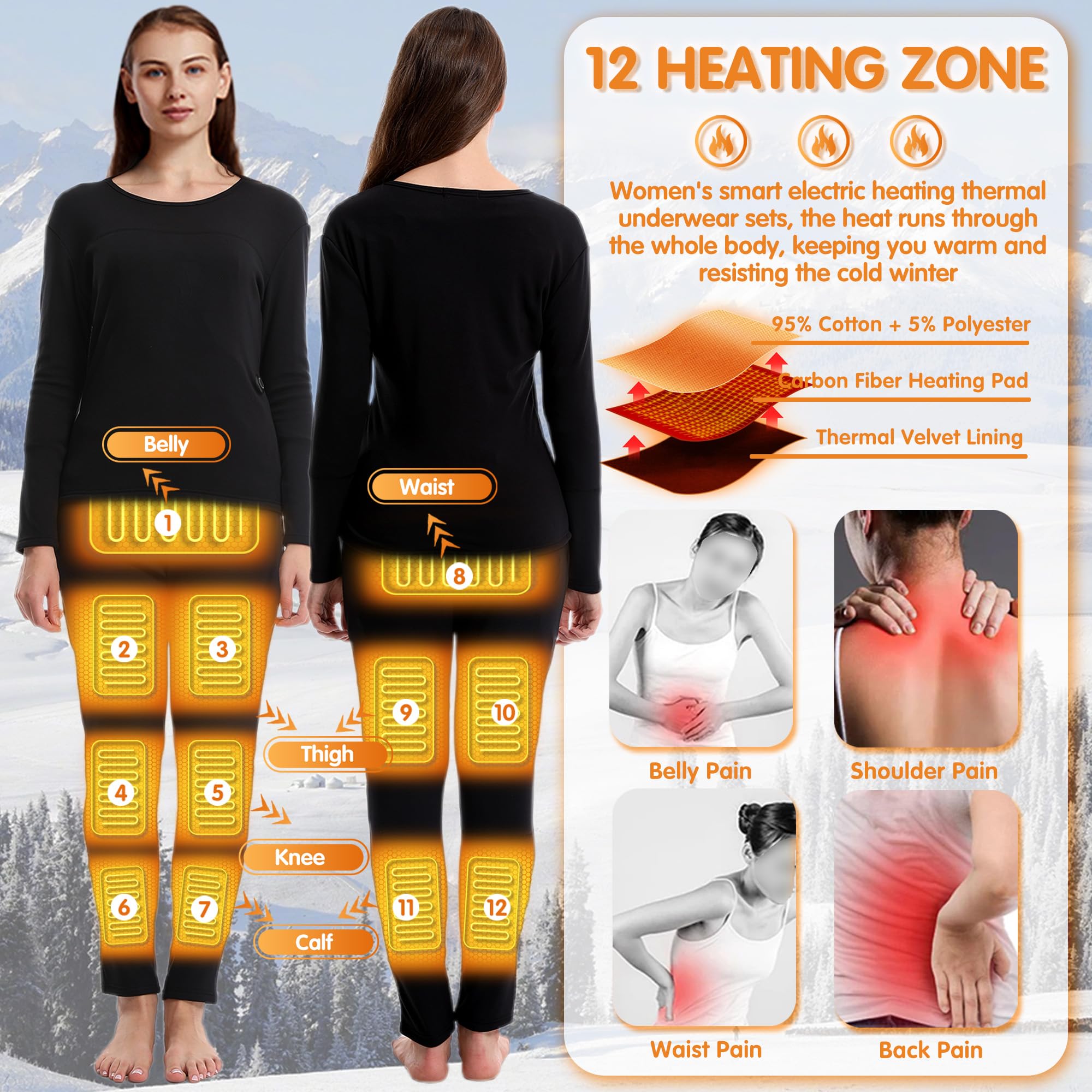 Pantaloni riscaldati per Donna, Intimo Termico Elettrico con 12 Zone di Riscaldamento, Leggings da Caccia per Sport all'Aria Aperta