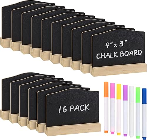 ALOTCHE Mini letreros de pizarra con soporte, paquete de 16 pizarras de madera reutilizables de 4 x 3 pulgadas, letreros de comida para bufé para