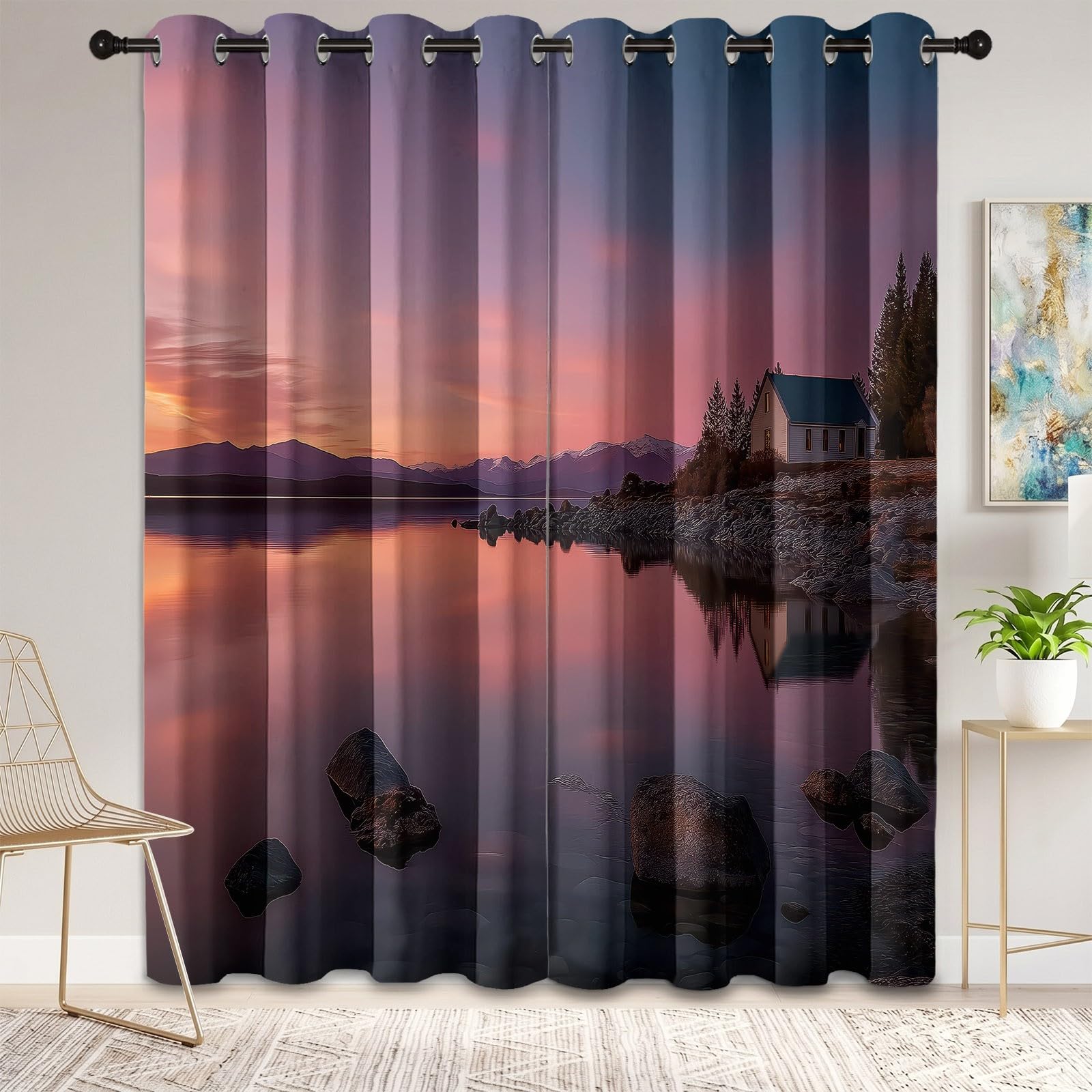 Verdunkelungsvorhänge Kinderzimmer & Schlafzimmer, 2er Pack blickdichte Thermovorhänge mit Modern Kunst Abenddämmerung, Rosa Ösenvorhang Mehrfarbig, B 100 x H 215 cm