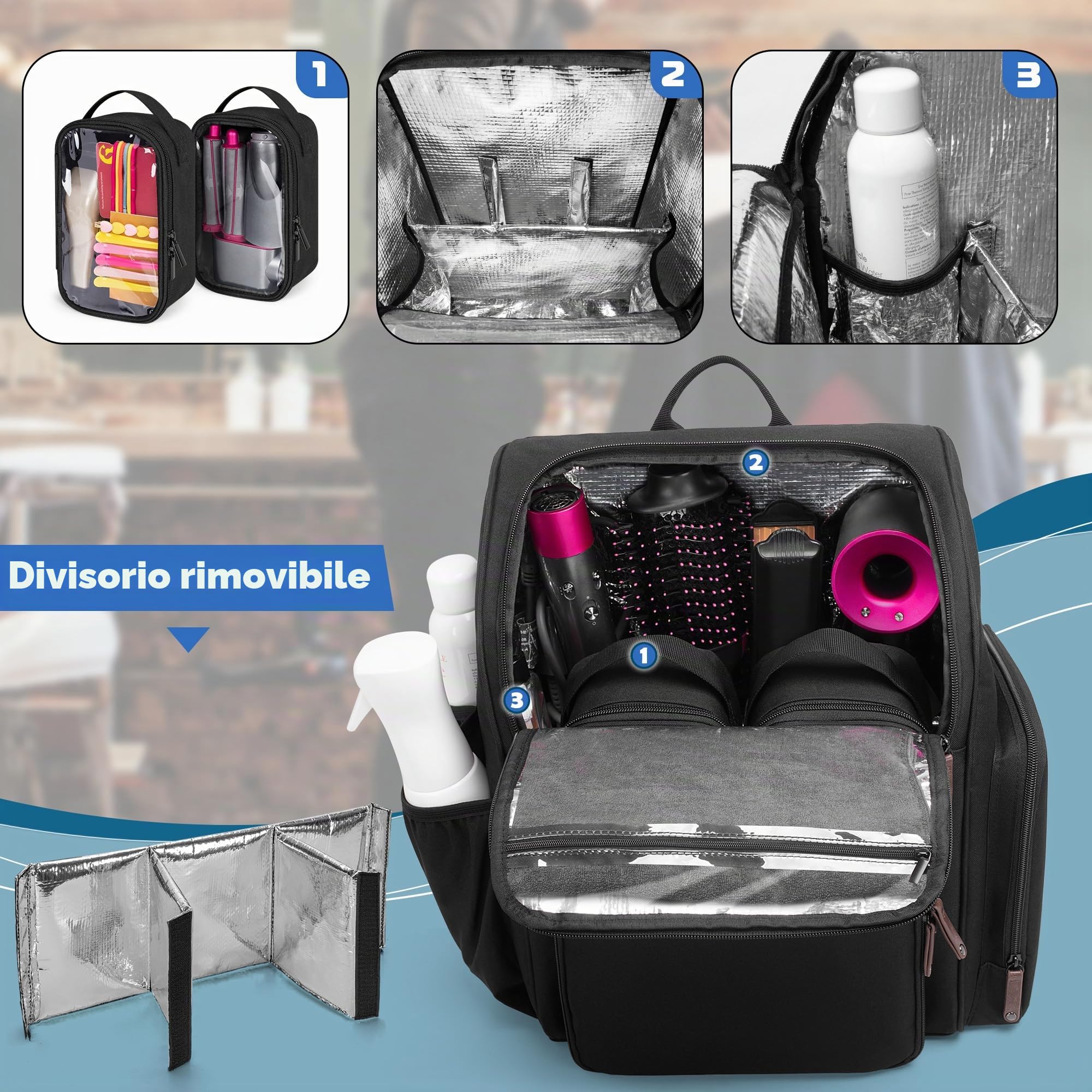 BAFASO Zaino da Barbiere Isolata, Borsa da Parrucchiere con Divisorio Semi-staccabile e 2 Tasche Rimovibili, Borsa per Attrezzi da Parrucchiere (Nessun Accessorio), Nero