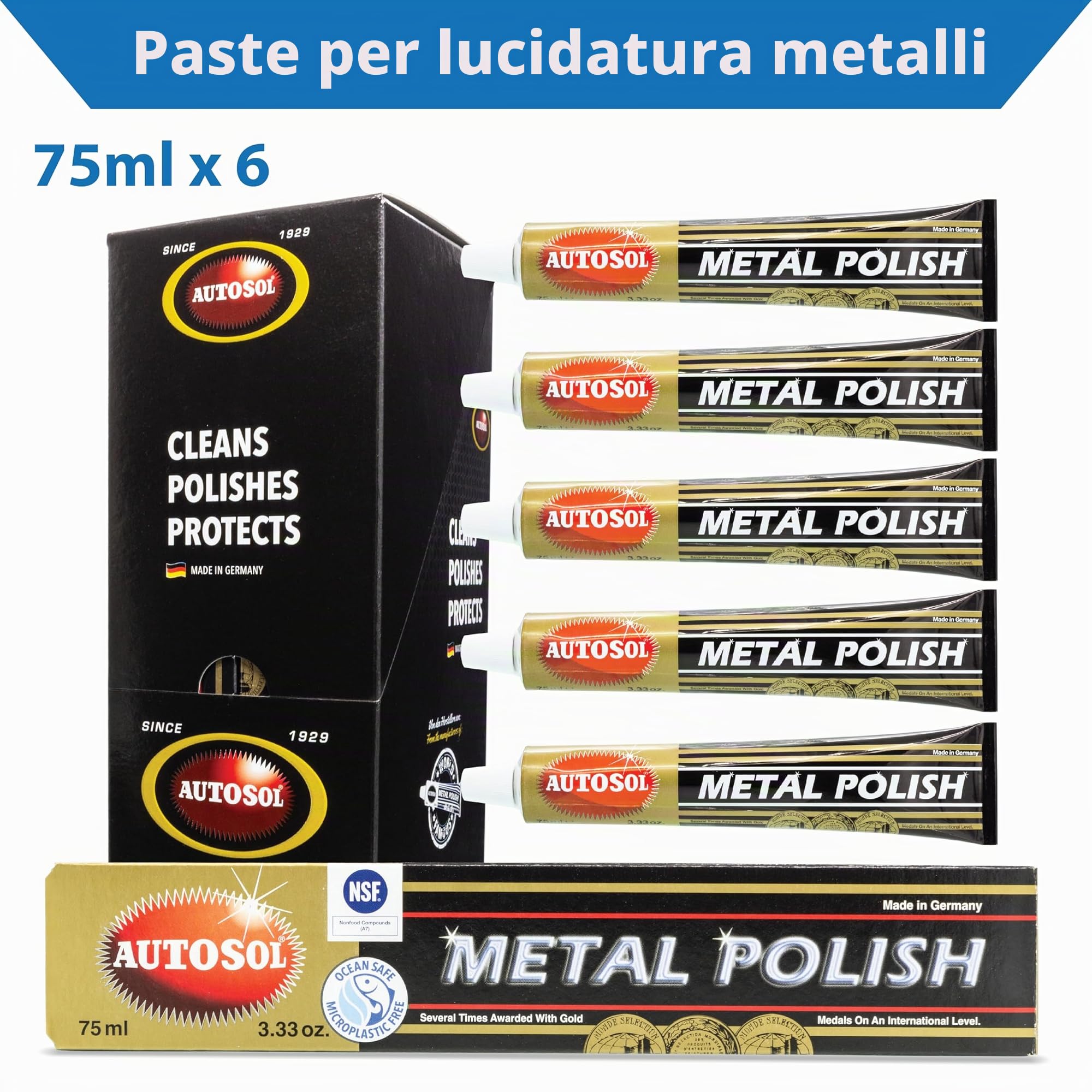Autosol Lucidante per Metalli 6-Pack - 75 ml ciascuno | Finitura Cromata Lucida | Lucidante per Cromo, Alluminio e Acciaio Inox | Rimuove Ruggine e Opacità | Ideale per Auto, Moto e Uso Domestico