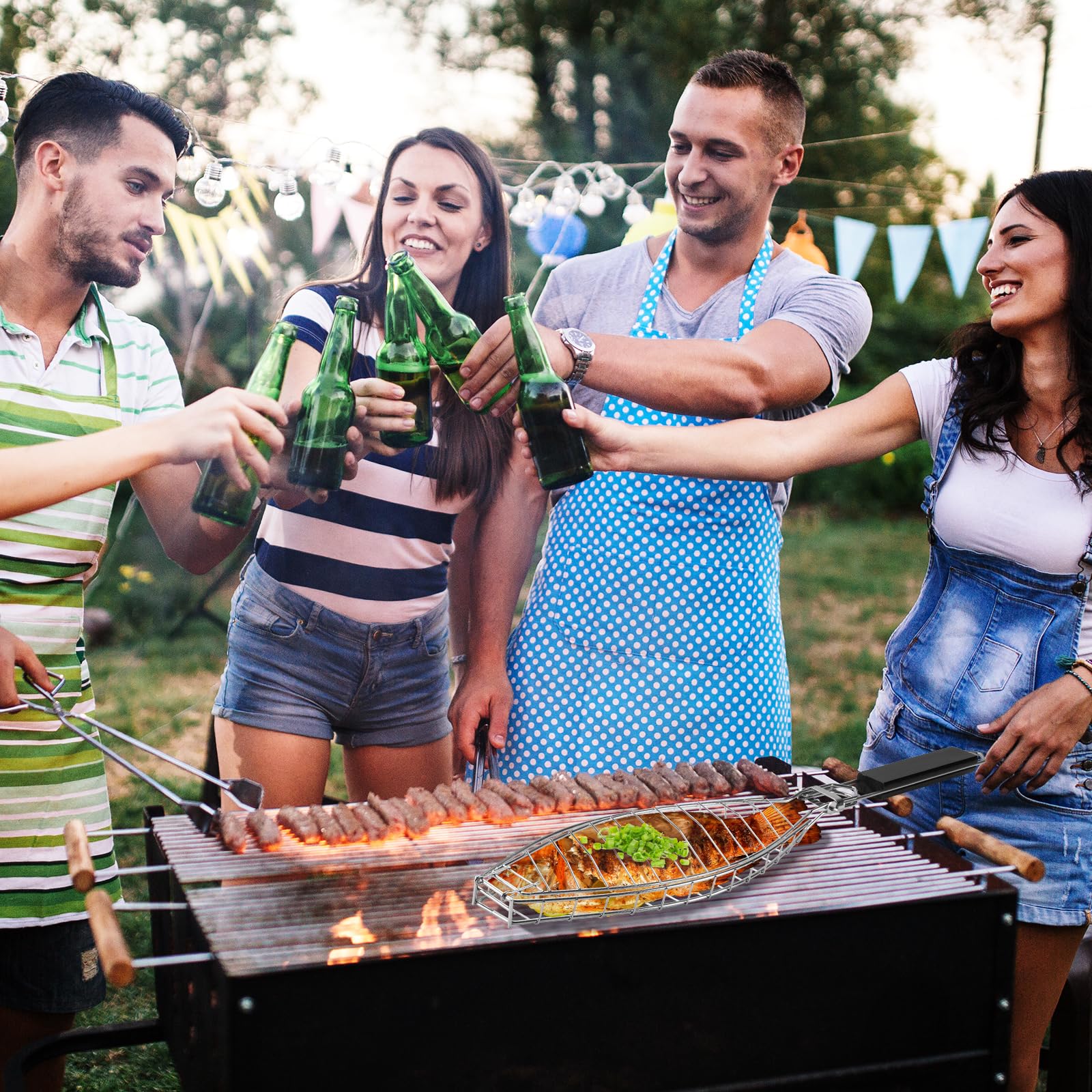 Grille Poisson pour Barbecue, Grill pour Barbecue en Acier Inoxydable avec Brosse à Huile, pour Barbecue à Poisson, Steak de Ailes de Poulet