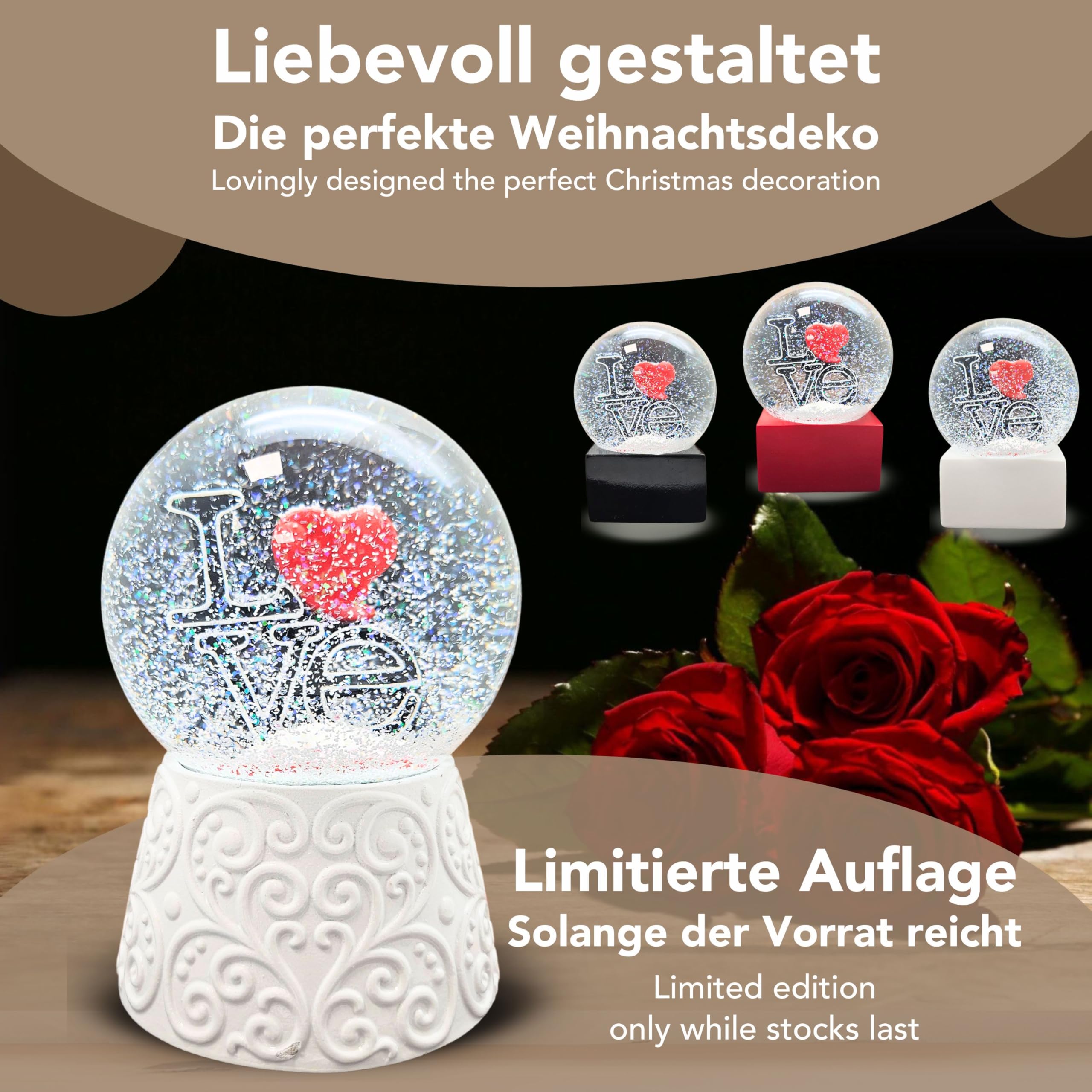 Boule à neige Love avec cœur - Inscription Love sur socle blanc - Ornements - Avec boîte à musique - Boule à secouer en verre - Hauteur : 14 cm - Largeur : 10 cm - Cadeau de Saint-Valentin, jour des
