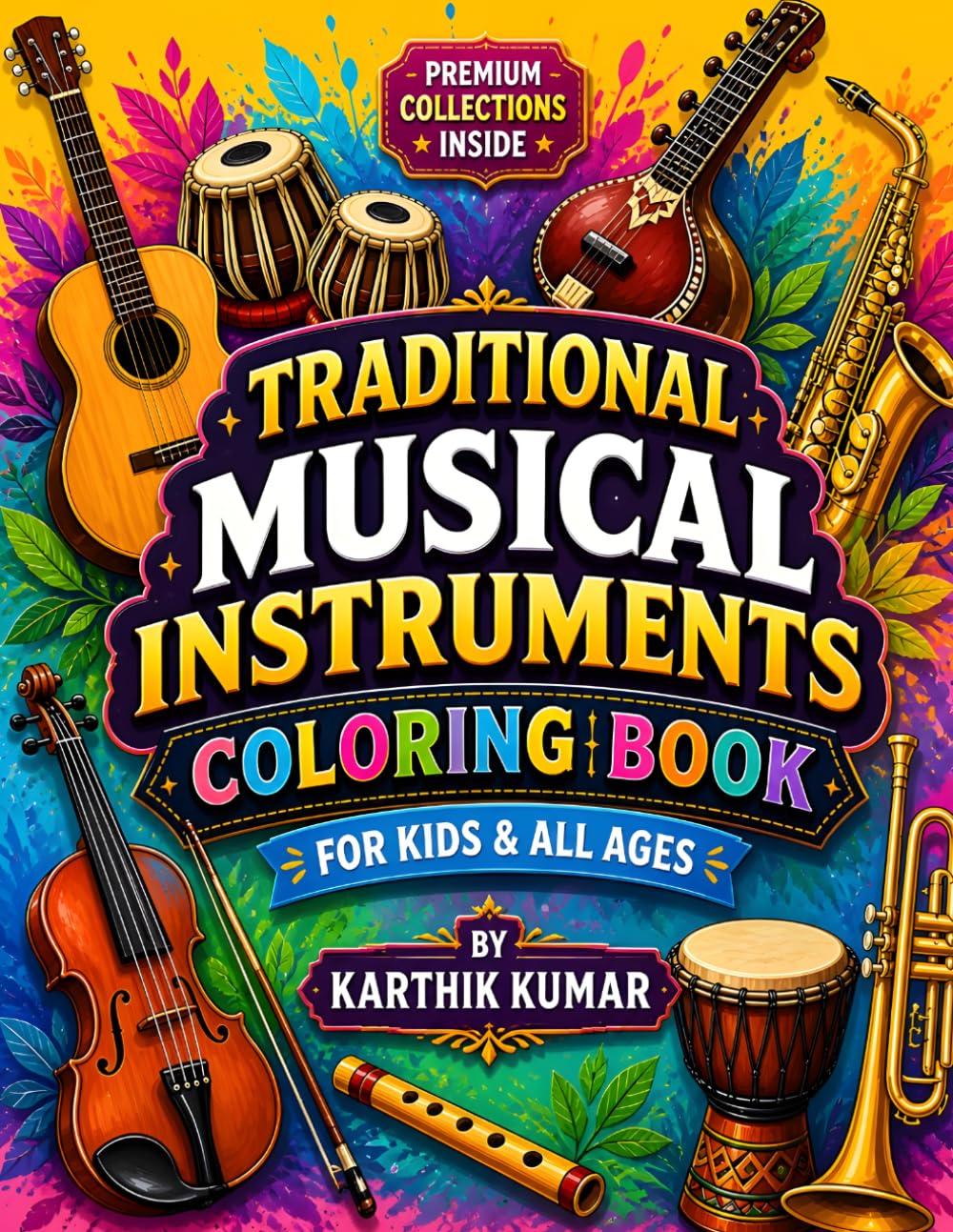 Traditional Musical Instruments Coloring Book: A Fun and Relaxing Collection of Musical Instrument Coloring Pages Featuring Guitar, Tabla, Violin, ... More for Kids, Teens, Adults & Music Lovers