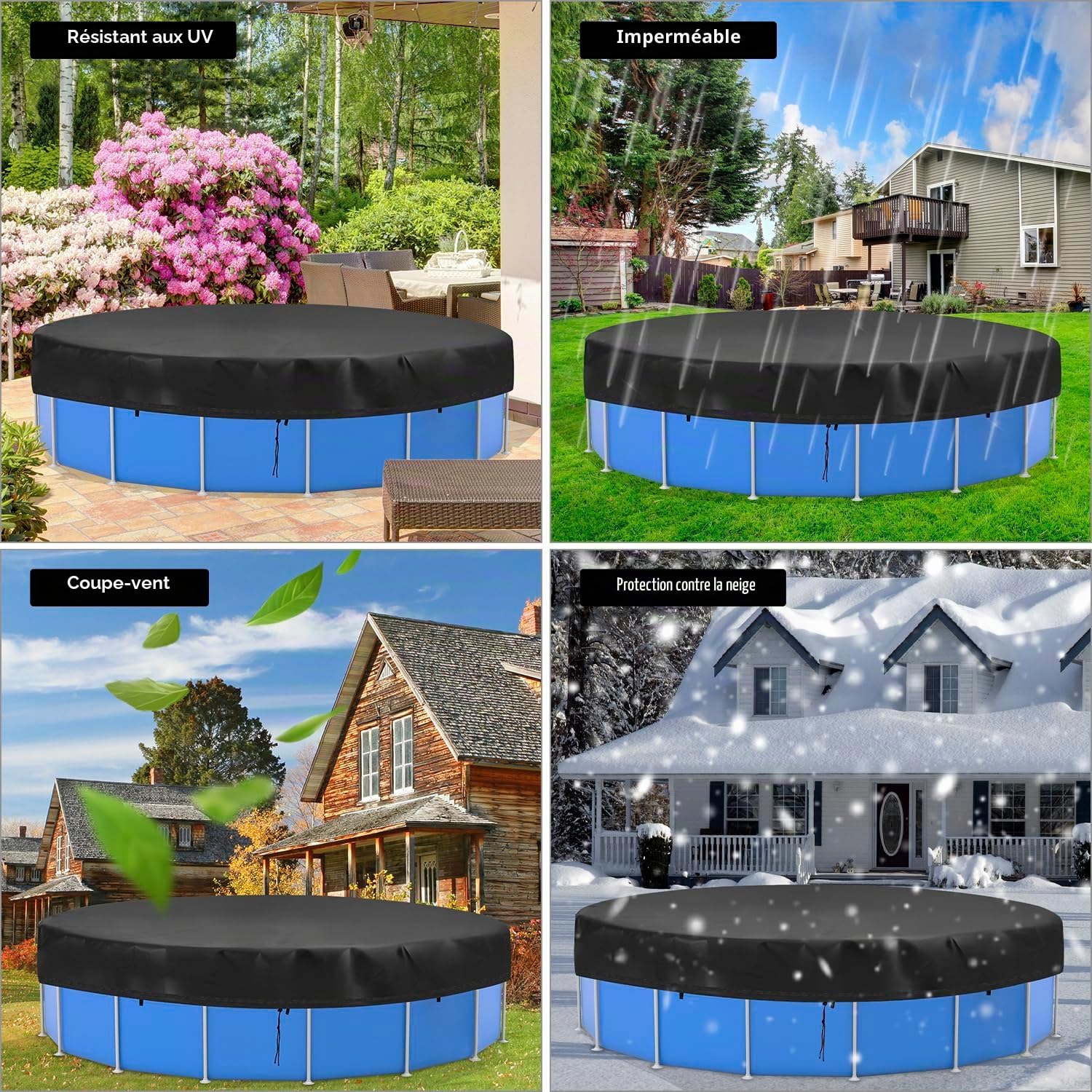 QWORK® Bâche de Piscine Ronde 460cm, Couverture de Protection UV, Oxford 420D, Noir