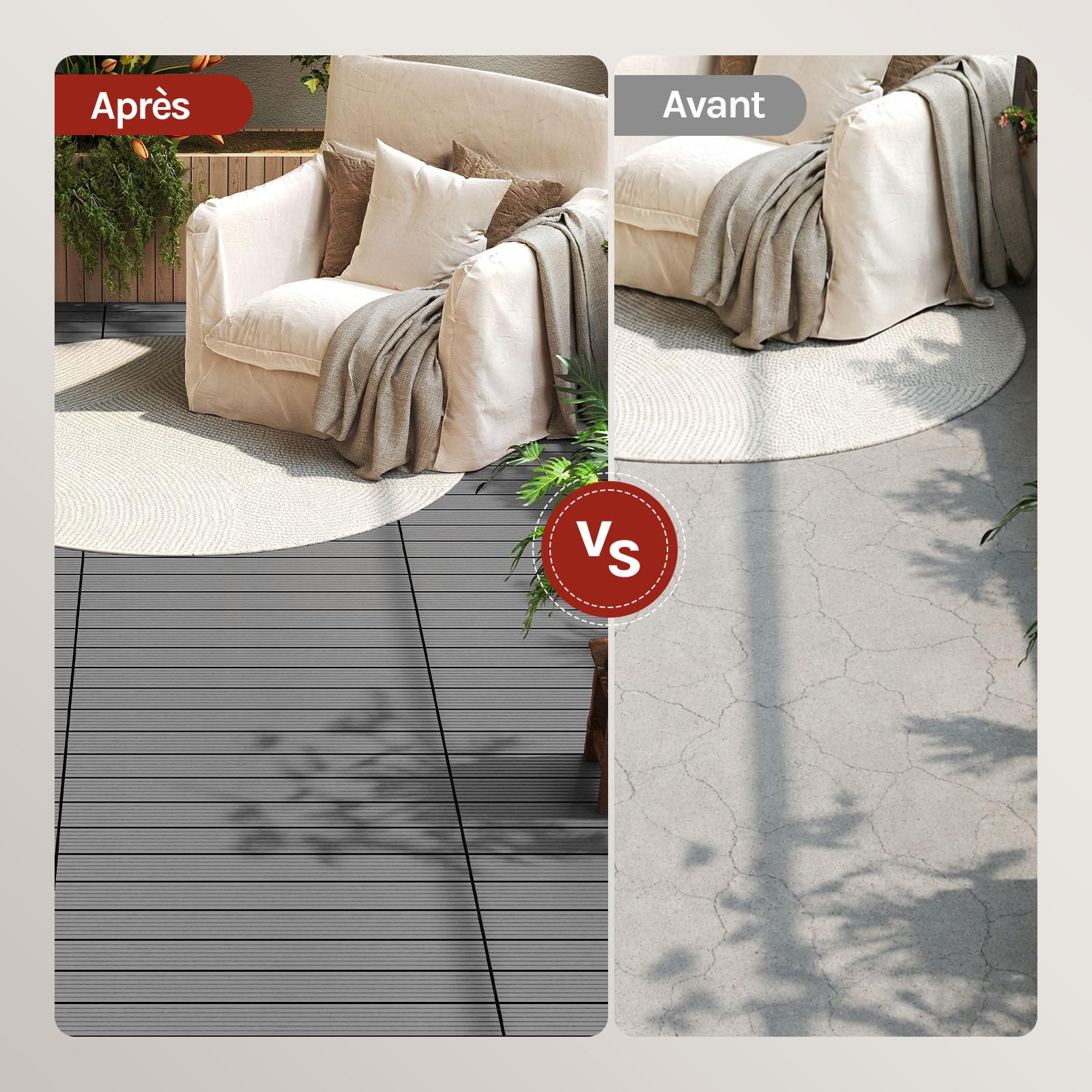 WOLTU WPC Dalle de sol Revêtement Carrelage 30x60cm pour jardin terrasse système plug-in pour fixation, Gris Clair 12 pièce / 2 m²