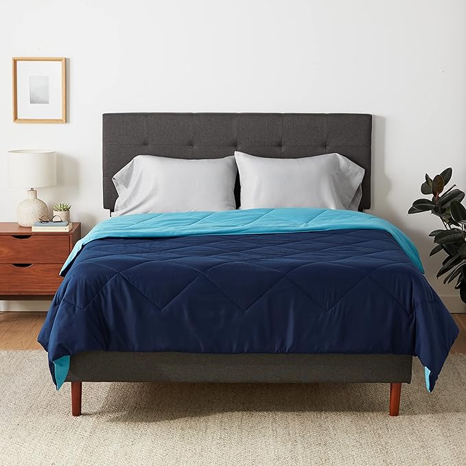 Amazon Basics Reversible Microfiber Comforter Blanket - Full or Queen, Navy Blue