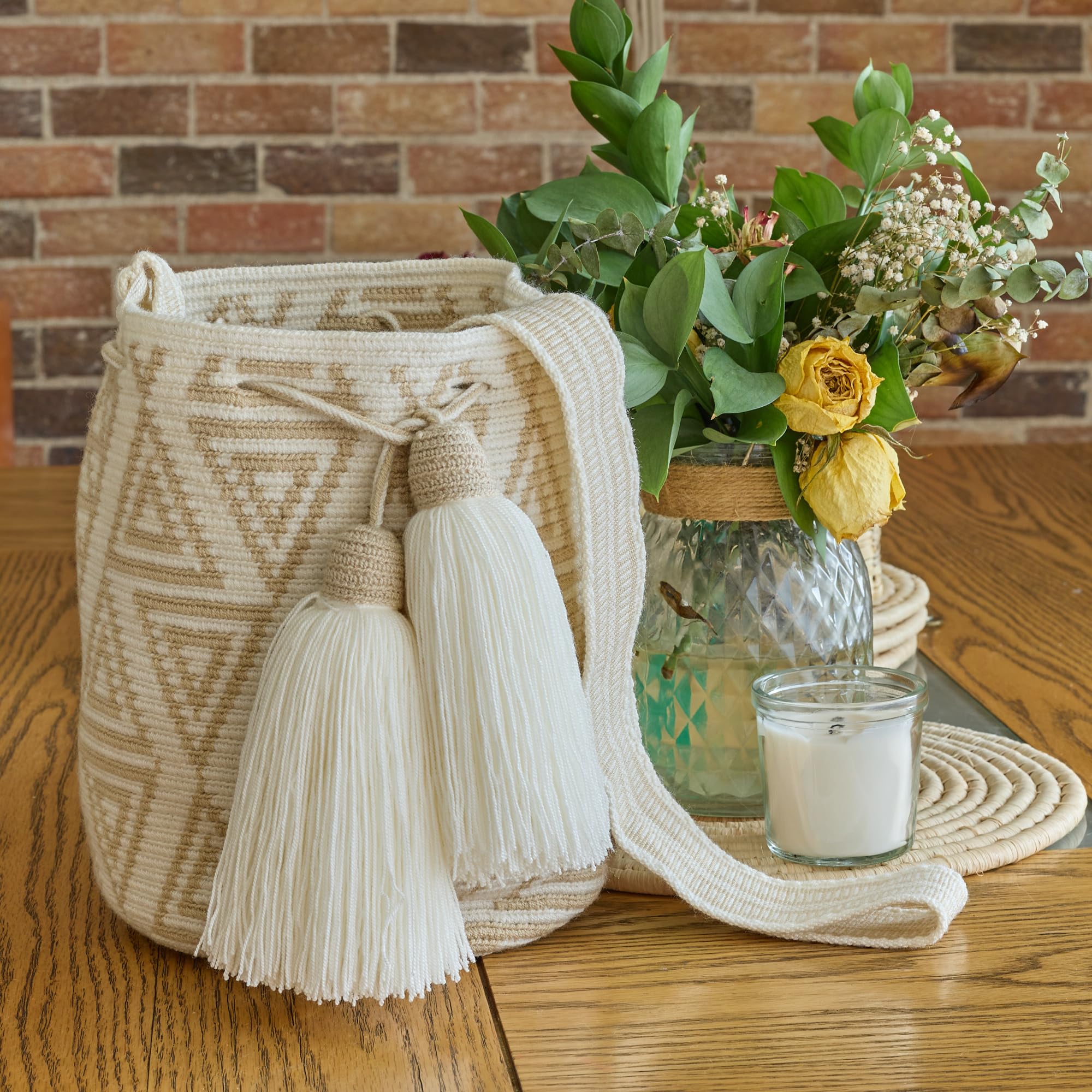 Wayuu Mochila-Tasche, groß, neutrale Farben, authentisches Häkelmuster, handgefertigtes Boho-Fairtrade-Geschenk aus Kolumbien, Mehrfarbig/Meereswellen (Ocean Tides), Large