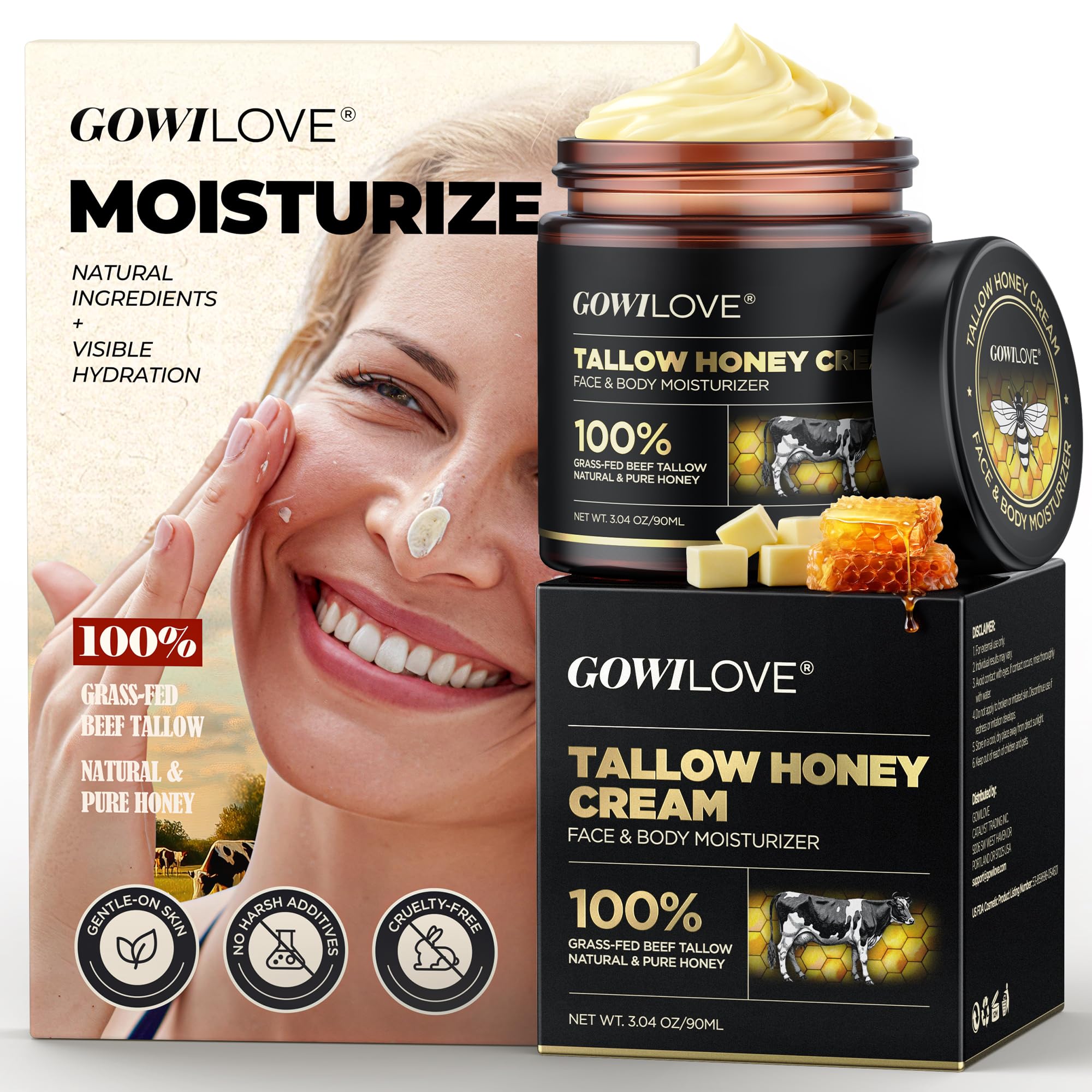 GOWILOVE 12Hr Moisture Lock Beef Tallow for Skin Care, Instant Redness Eraser Tallow and Honey Balm with 6 Botanical Rescue, Dewy Not Oily Face Cream
