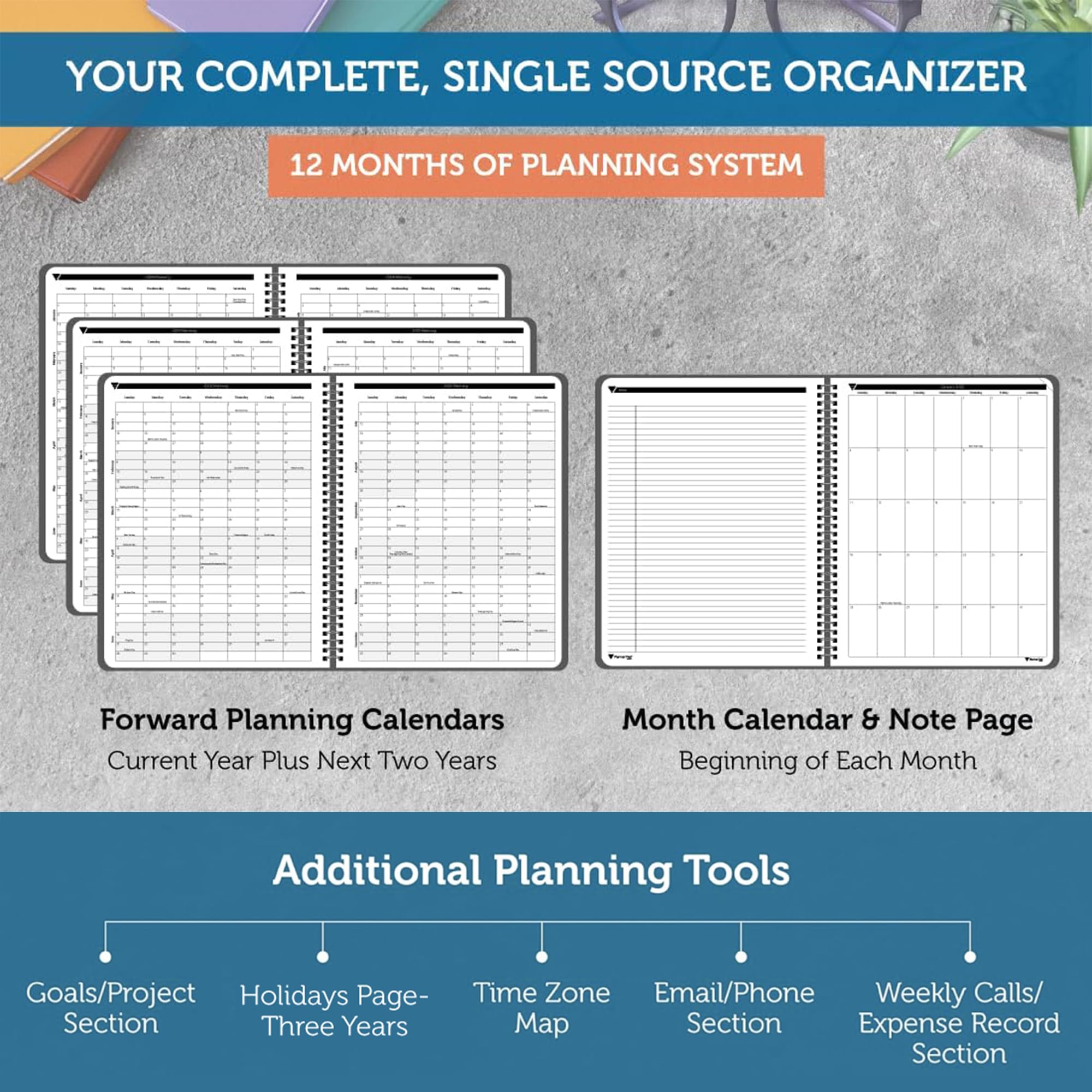 Planner Pad Spiralbindung, Januar-Dezember 2027/Kalenderjahr, 21,6 x 27,9 cm, großer 3-stöckiger Trichter, 12 Monate, schwarzer Einband, schwarze Tinte