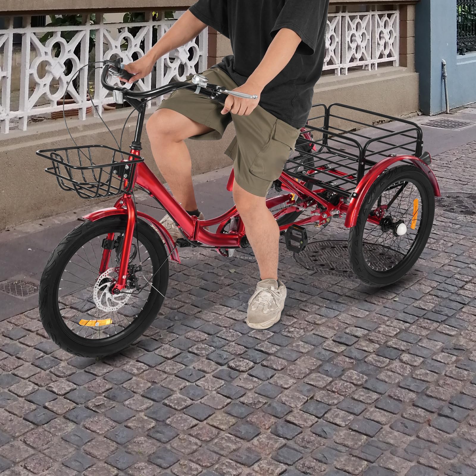 Triciclo Plegable De 20 Pulgadas Para Adultos – 7 Velocidades Con Cestas Delantera Y Trasera, Freno De Disco