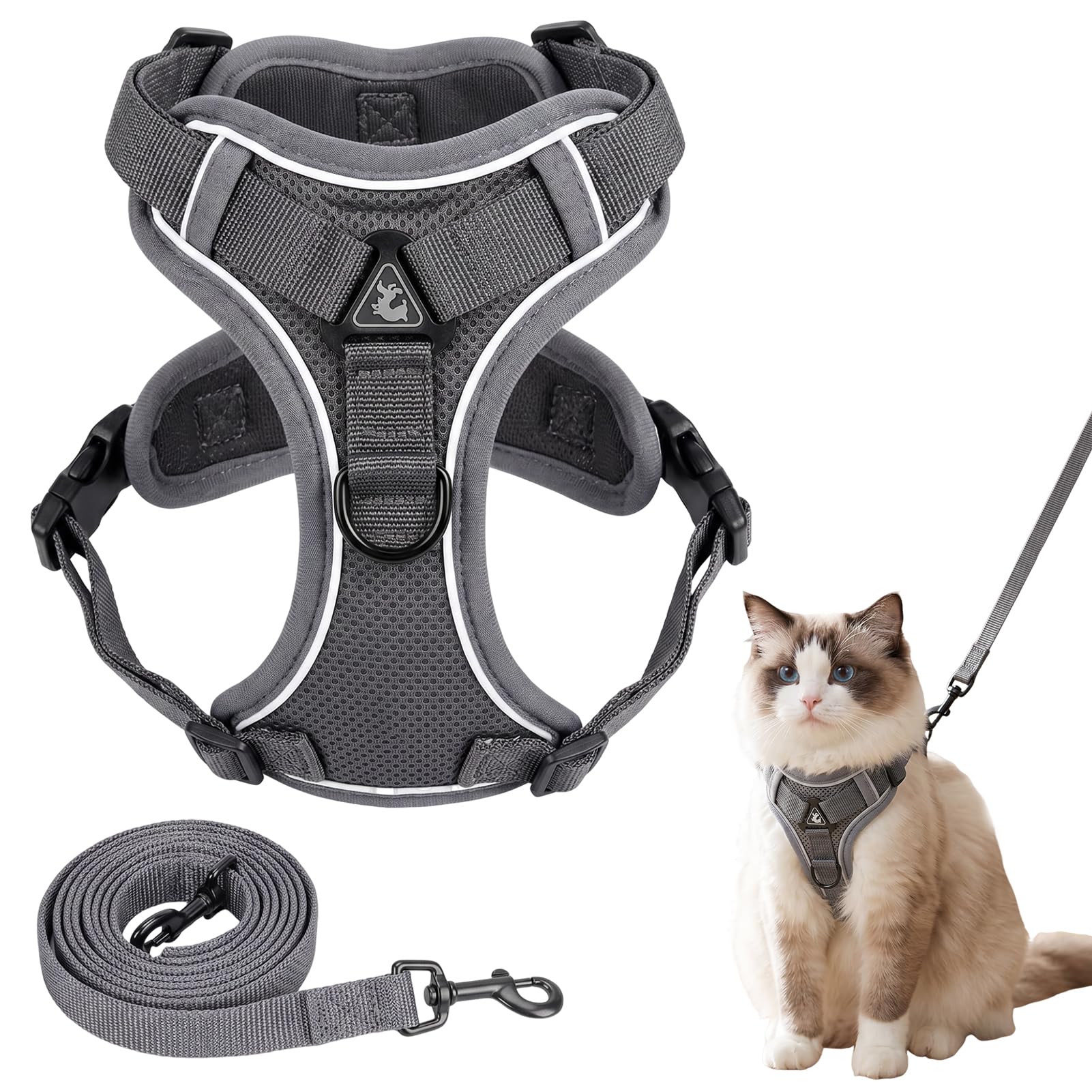Cat Harness and Lead Set, Breathable Cat Lead and Harness Set with Reflective Strips, Adjustable Escape Proof Cat Leash for Cats Small Dogs Pets Walking (Grey, M)