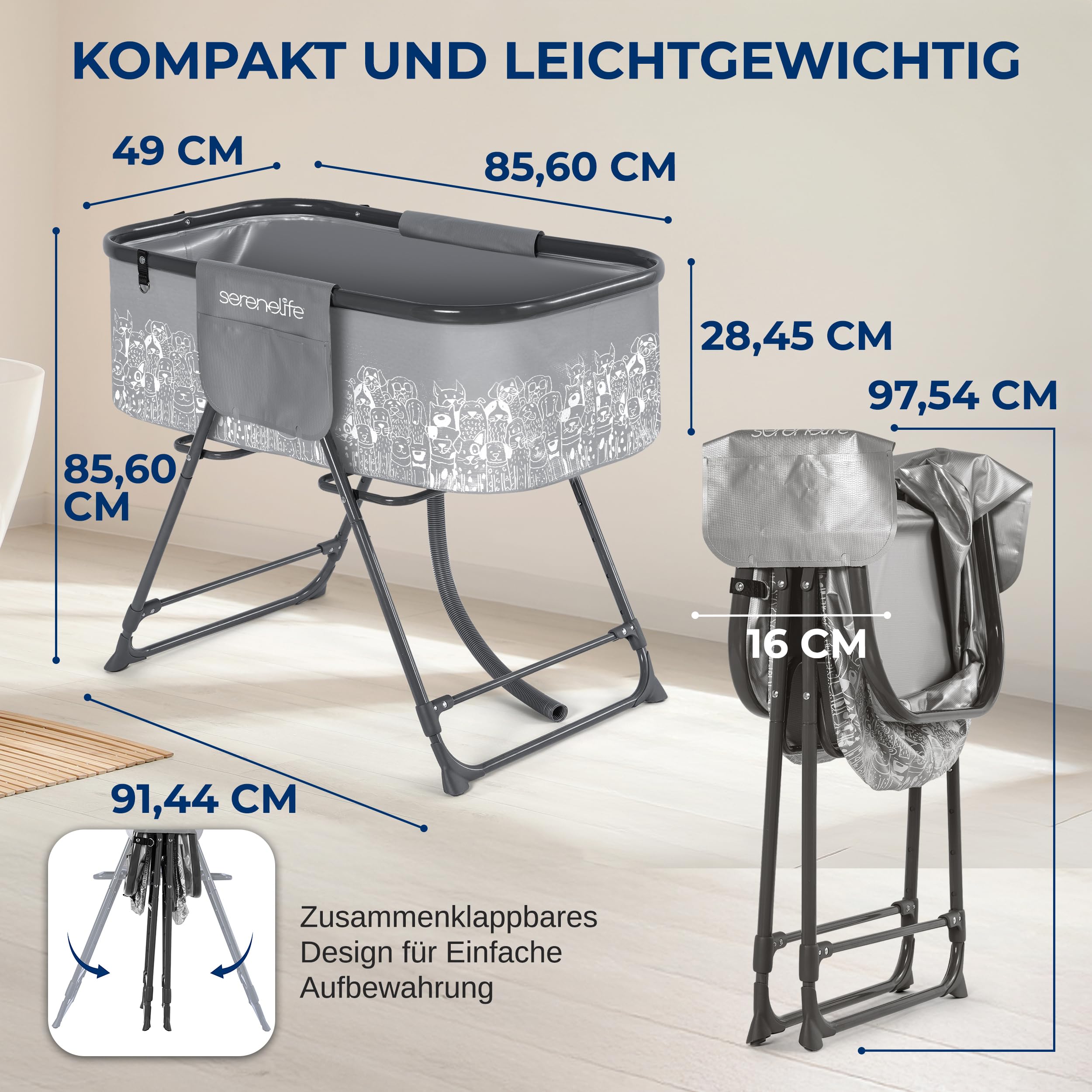 SereneLife Hundebadewanne, Faltbare & Erhöhte Haustierbadewanne mit Abfluss & 3-Punkt-Gurt, Für kleine bis Mittelgroße Hunde & Katzen, Bis 59 kg, für Pflege & Baden