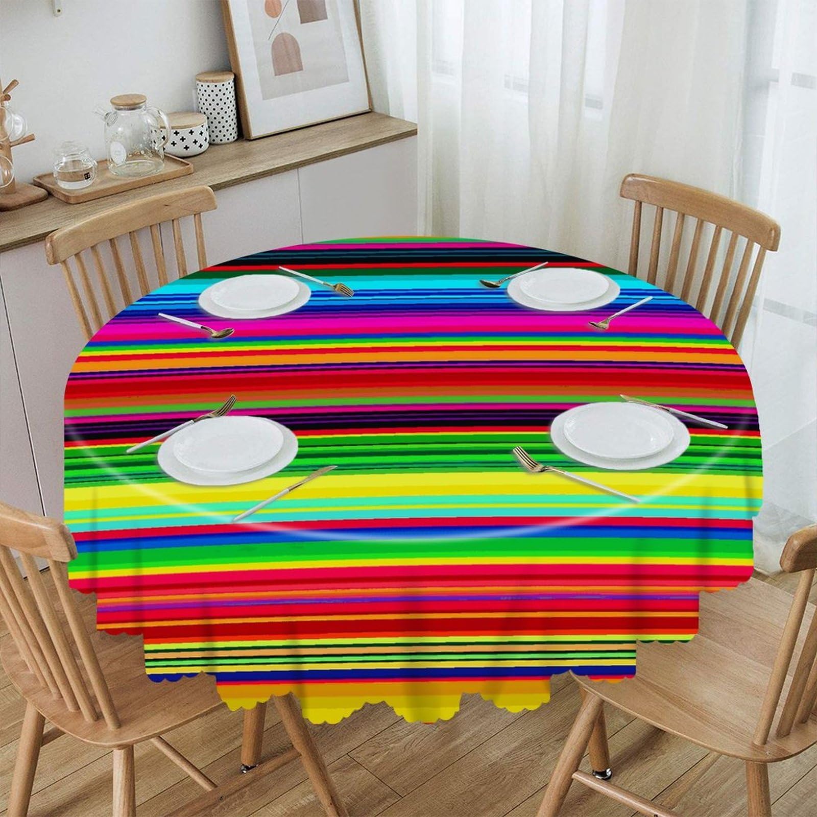 VstaDank 60 Inch Round Colorful Mexican Stripes Tablecloth Polyester Waterproof Wrinkle Free Table Cloth Spillproof Washable Table Cover Colorful Tablecover Decor for Home Kitchen Dining Party
