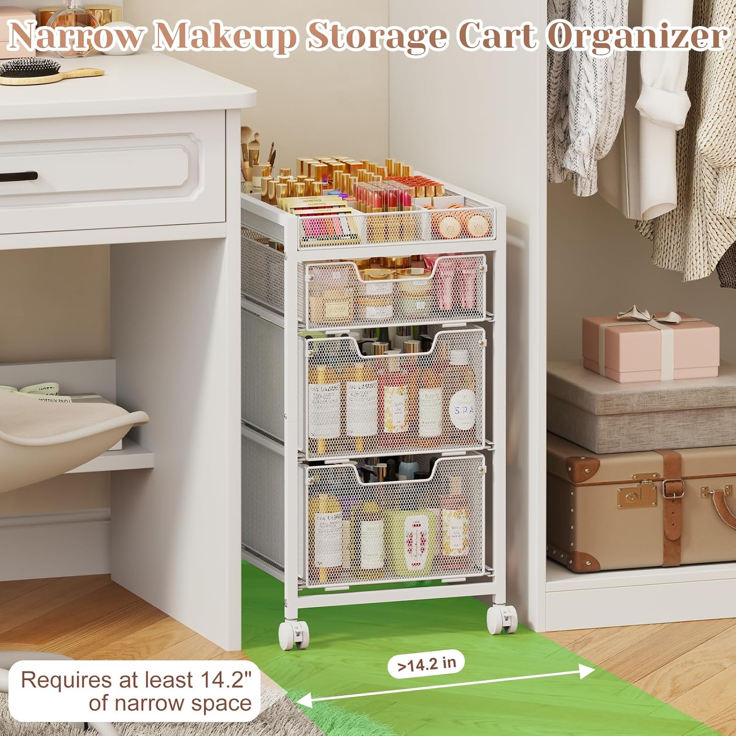 JKsmart Rolling Makeup Cart Organizer with 3 Drawers, Cosmetics Display with Dividers, Floor Skincare Storage with Wheels, Versatile Vanity Organizer for Nail Polish Perfume Brush Hair Tool, White