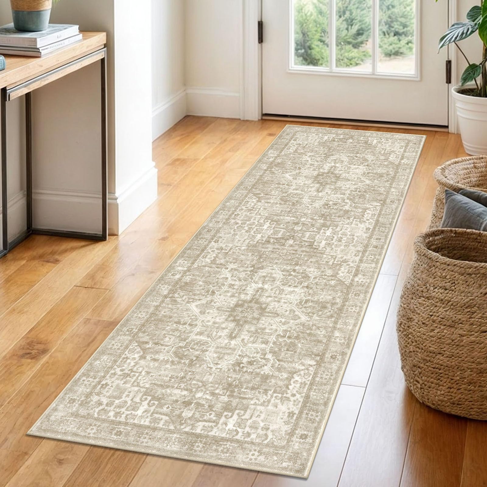 SIILOOM 2x6 Washable Printed Runner Rug for Hallways, Light Beige Grey Brown Soft Neutral Vintage Runner with Non-Slip Kitchen Rugs, Non-Shedding Boho