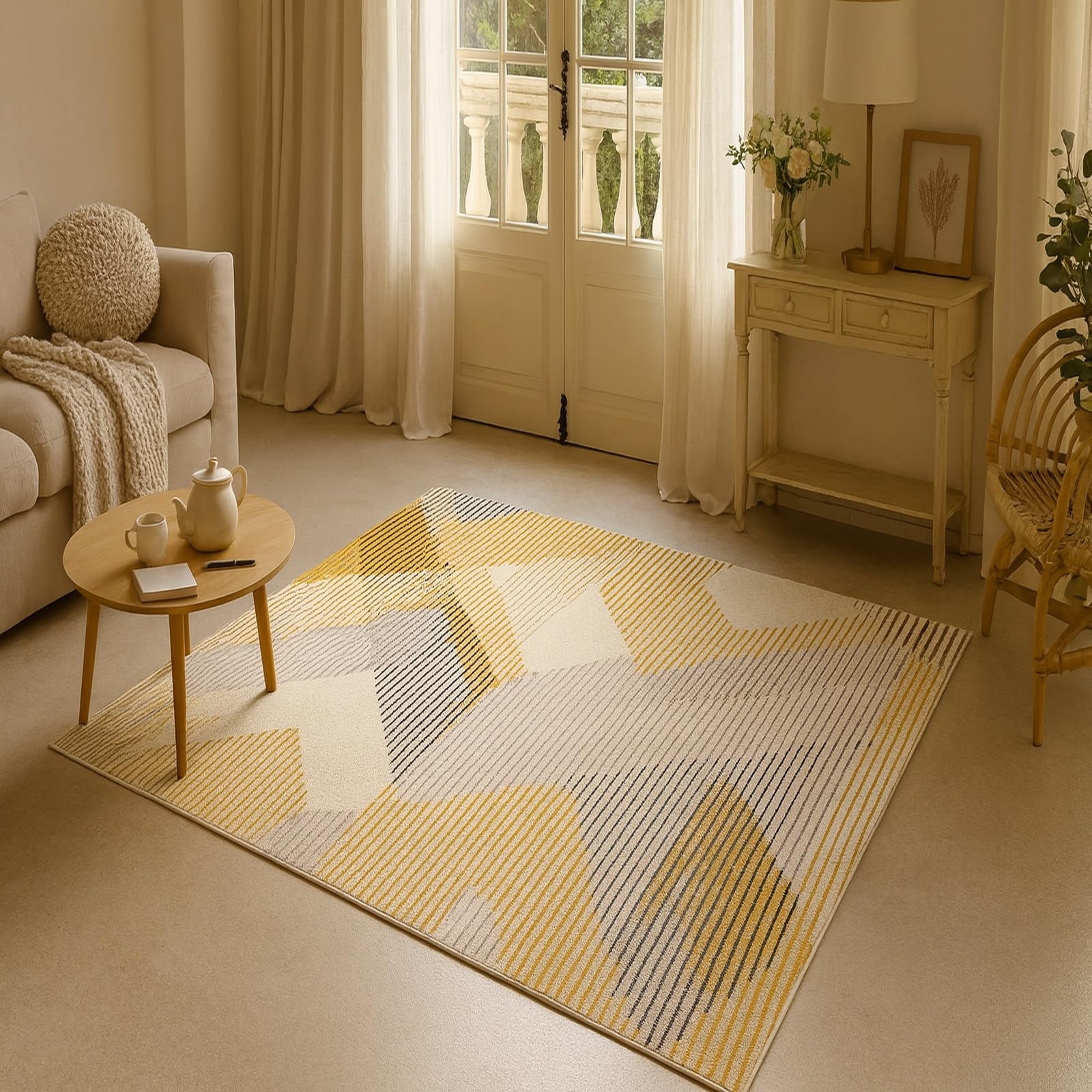 Tapis de salon poil ras jaune géométrique moderne 180x270cm pour salon et chambre